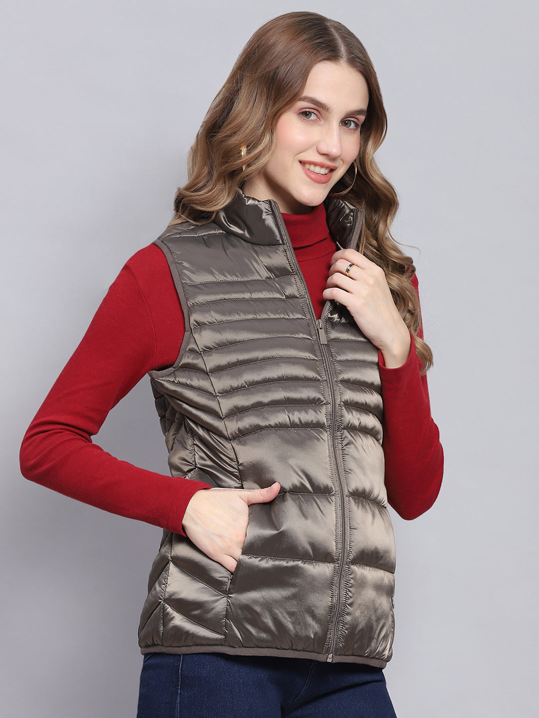 Women Brown Solid Stand Collar Sleeveless Jackets