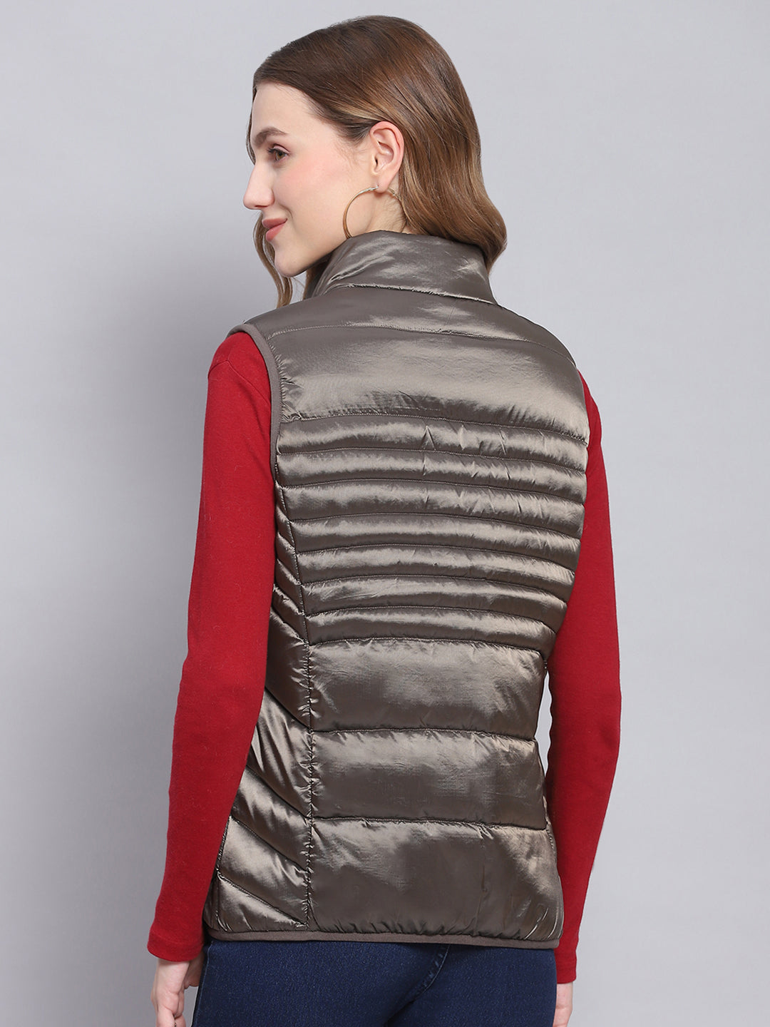 Women Brown Solid Stand Collar Sleeveless Jackets