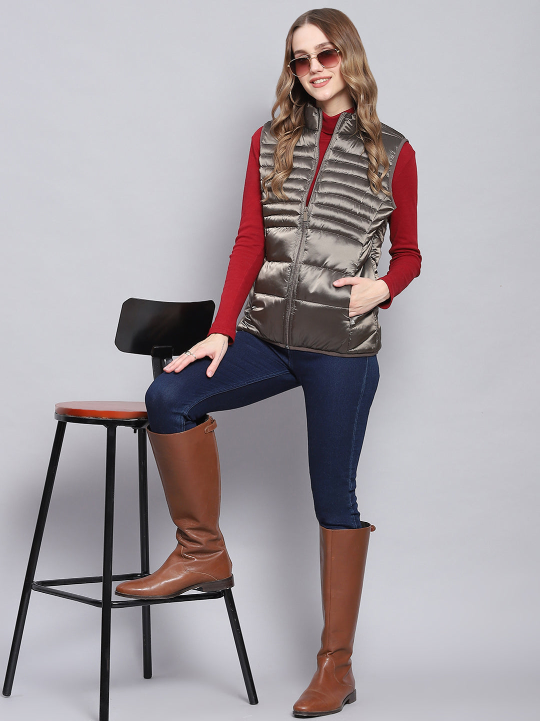 Women Brown Solid Stand Collar Sleeveless Jackets