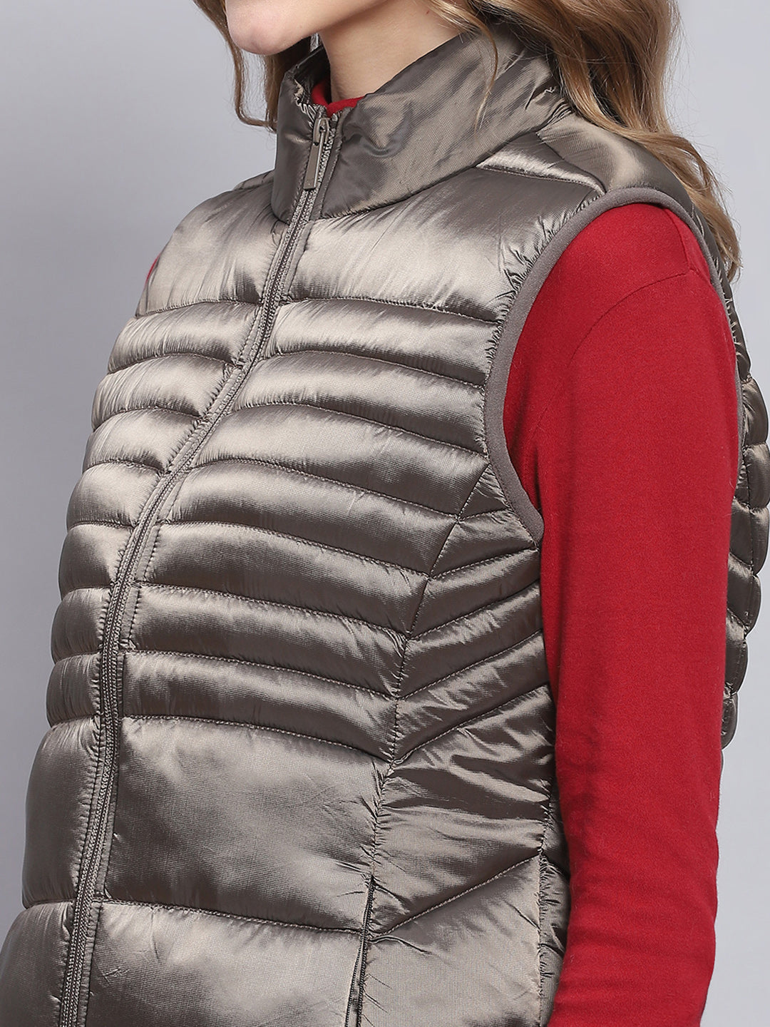 Women Brown Solid Stand Collar Sleeveless Jackets