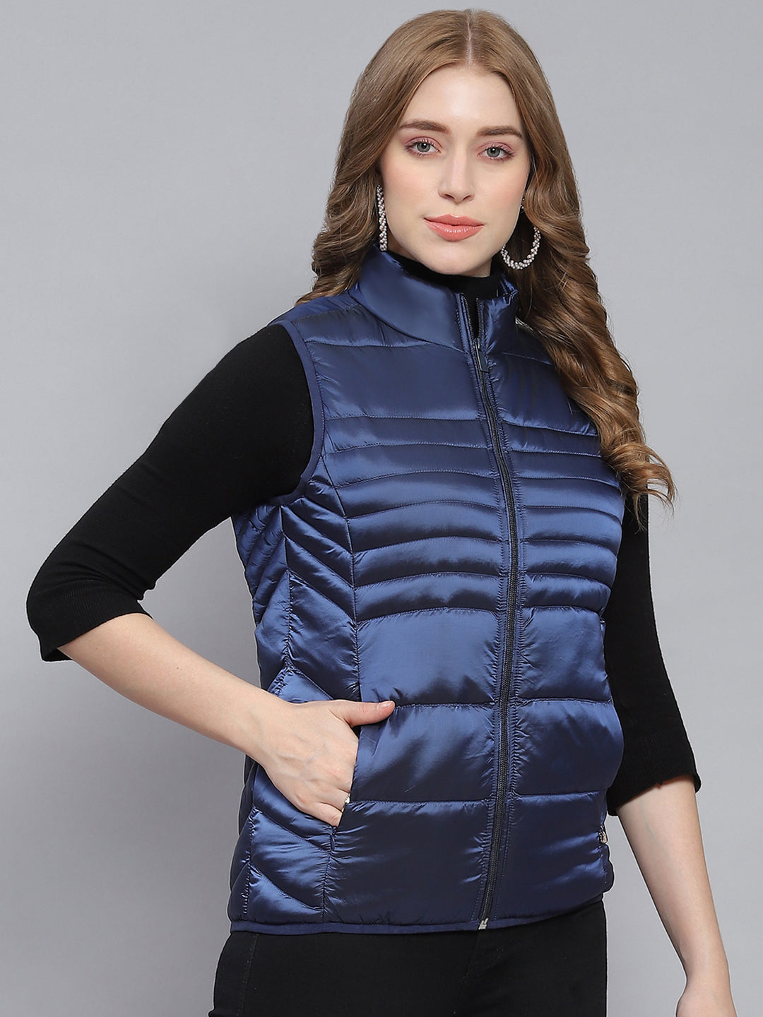 Women Blue Solid Stand Collar Sleeveless Jackets