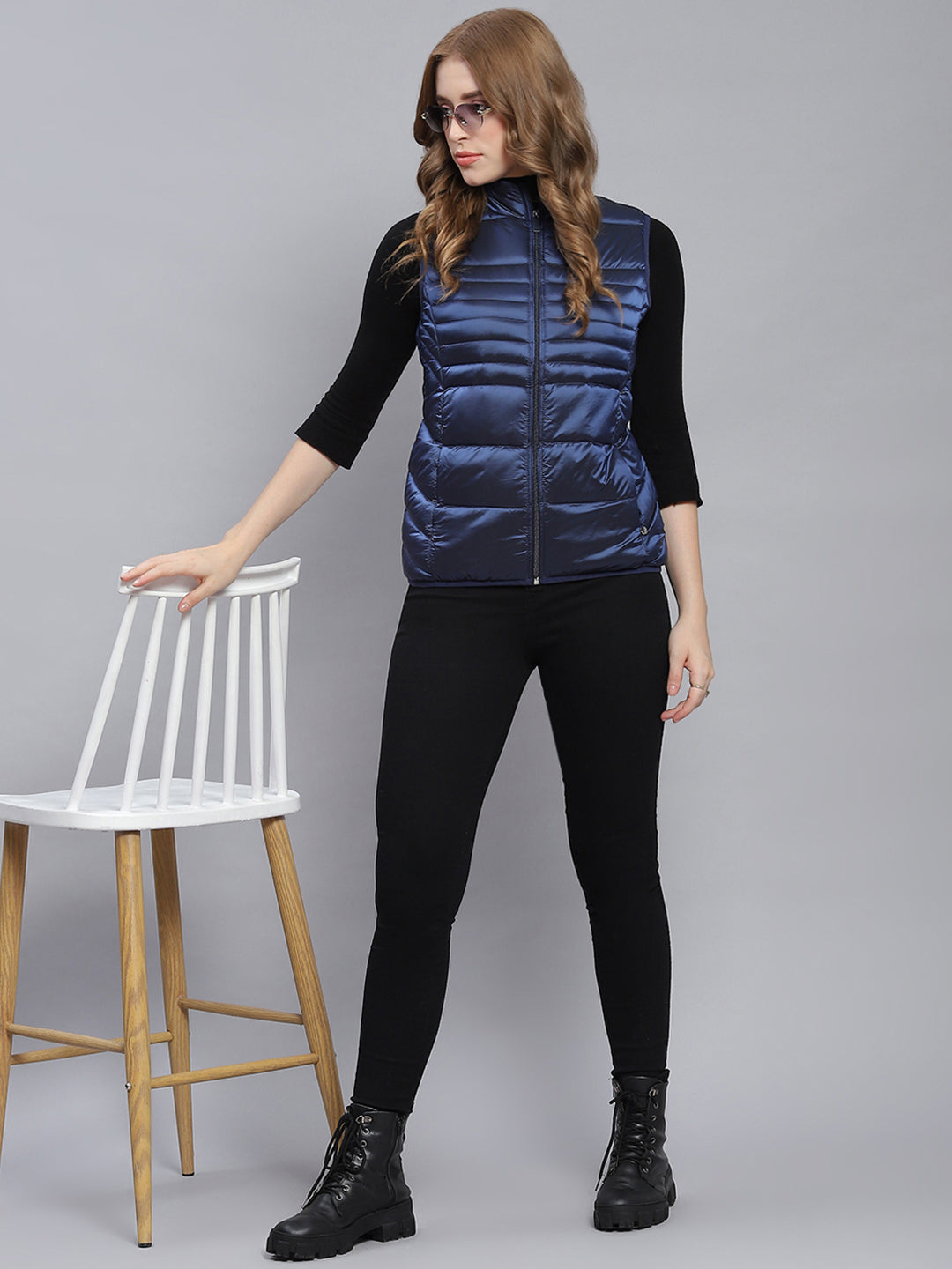 Women Blue Solid Stand Collar Sleeveless Jackets