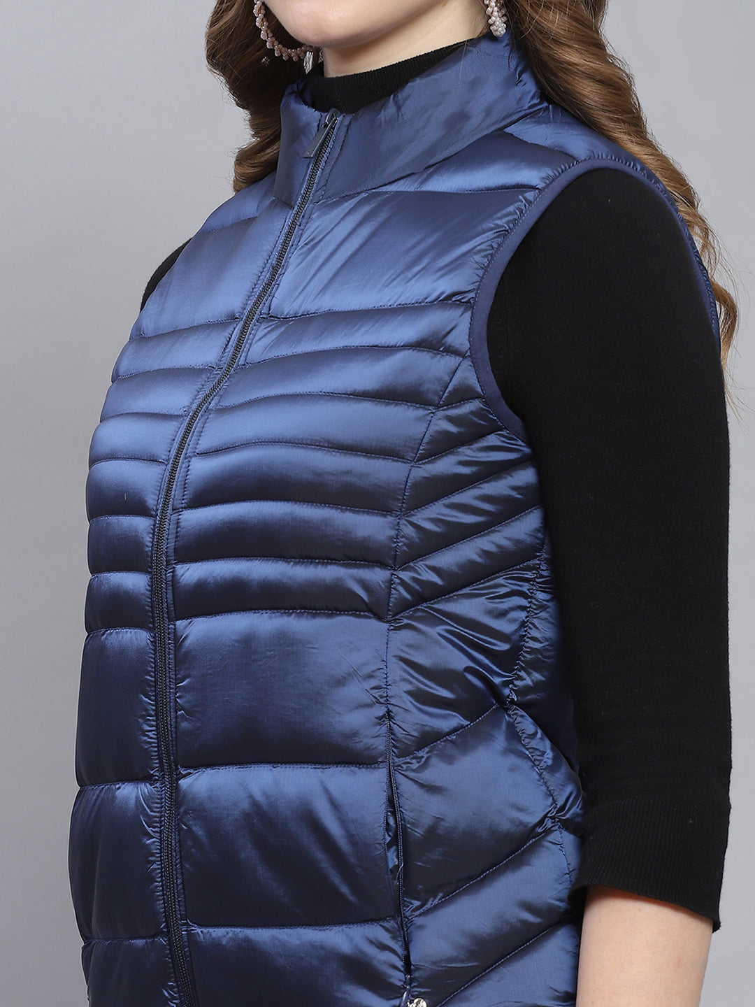 Women Blue Solid Stand Collar Sleeveless Jackets