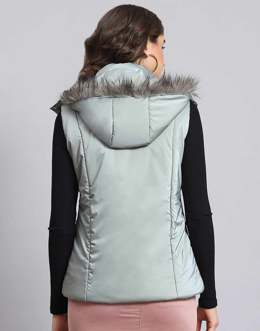 Women Grey Solid Hooded Sleeveless Jacket
