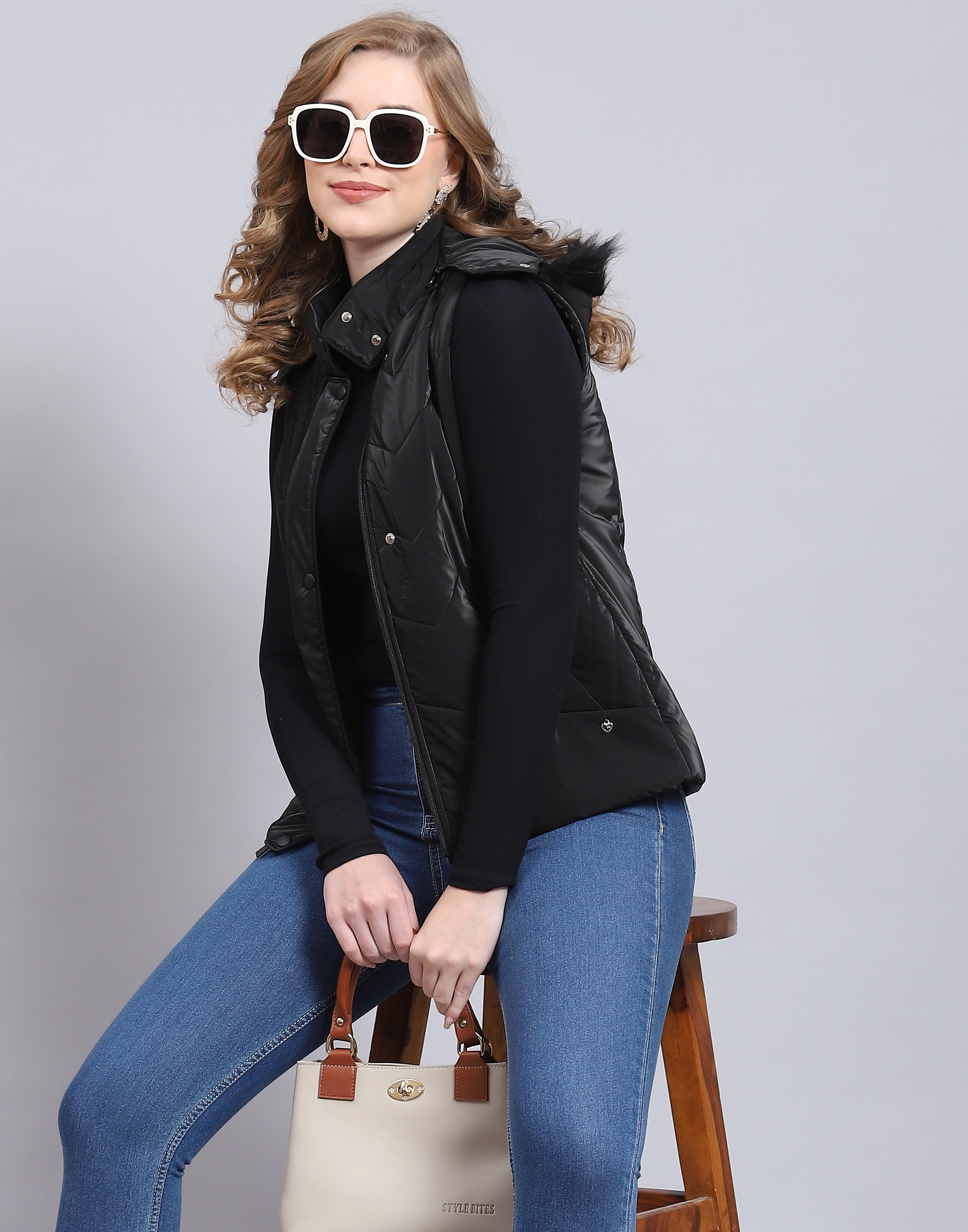 Women Black Printed Hooded Sleeveless Jacket
