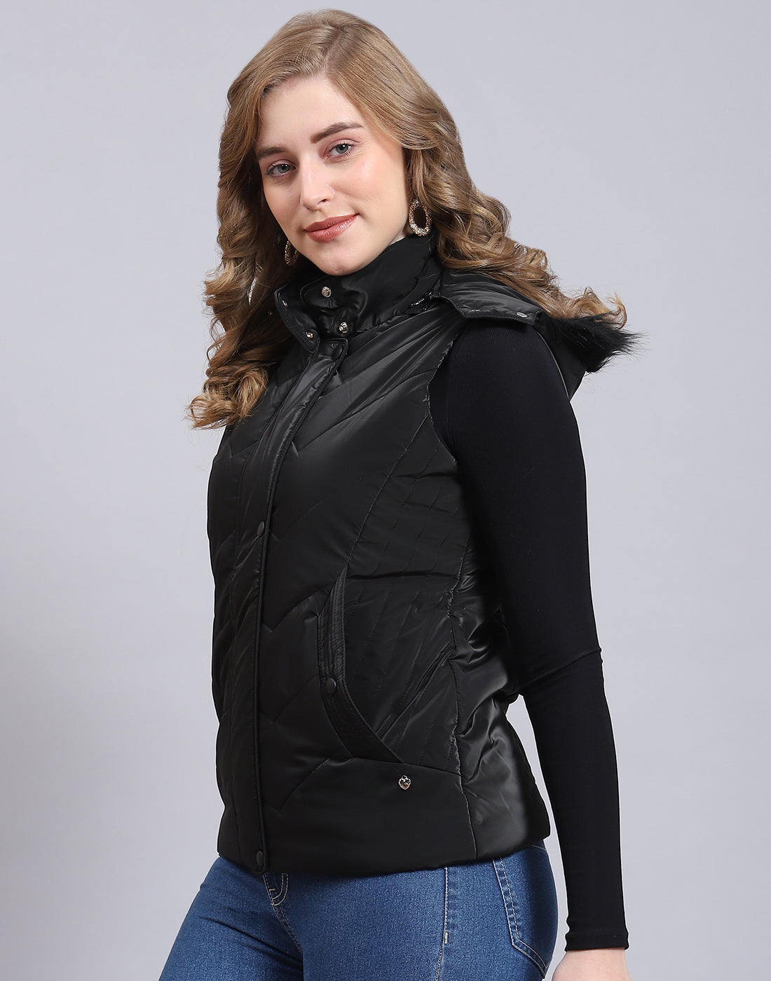 Women Black Printed Hooded Sleeveless Jacket