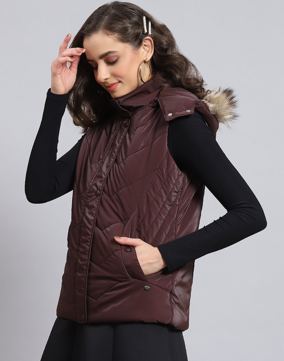 Women Maroon Solid Hooded Sleeveless Jacket