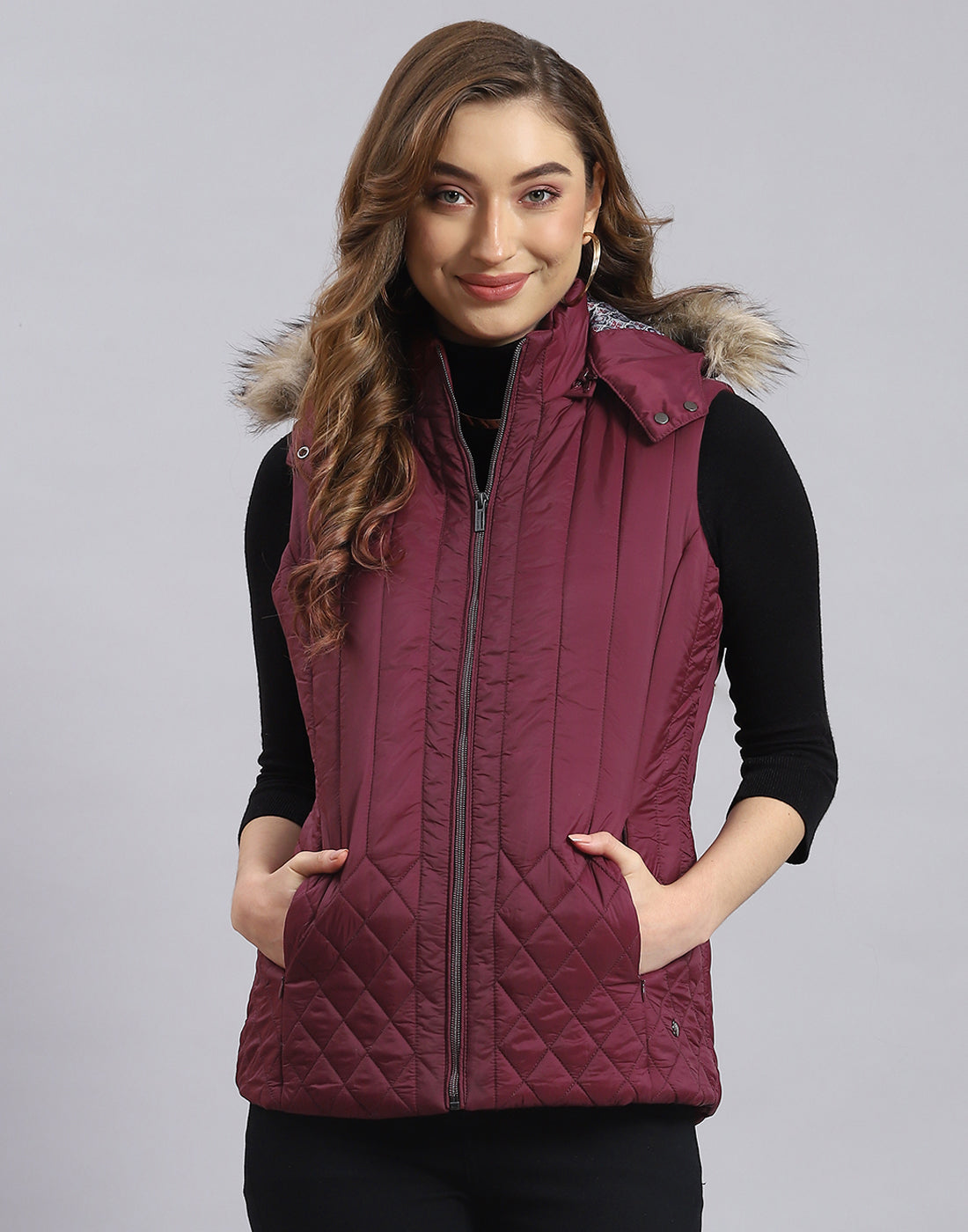 Women Maroon Solid Hooded Sleeveless Jacket