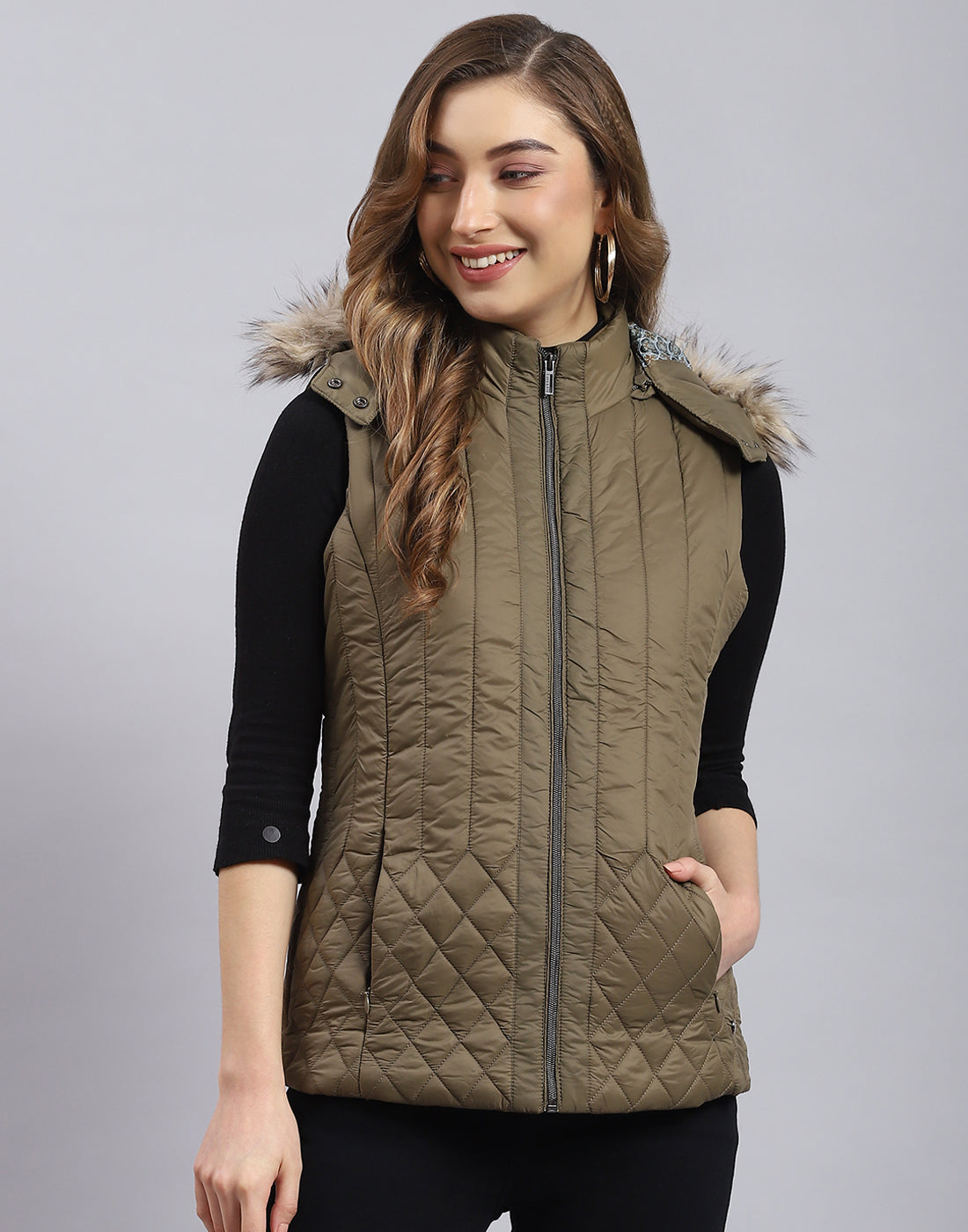 Women Olive Solid Hooded Sleeveless Jacket