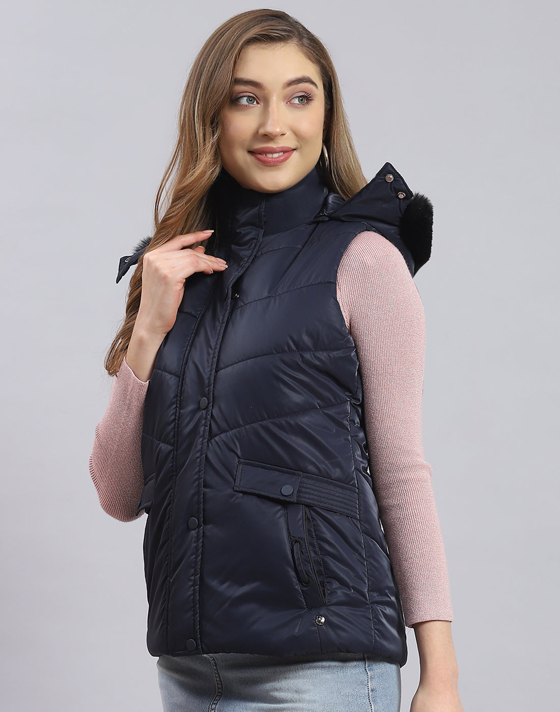 Women Navy Blue Solid Hooded Sleeveless Jacket