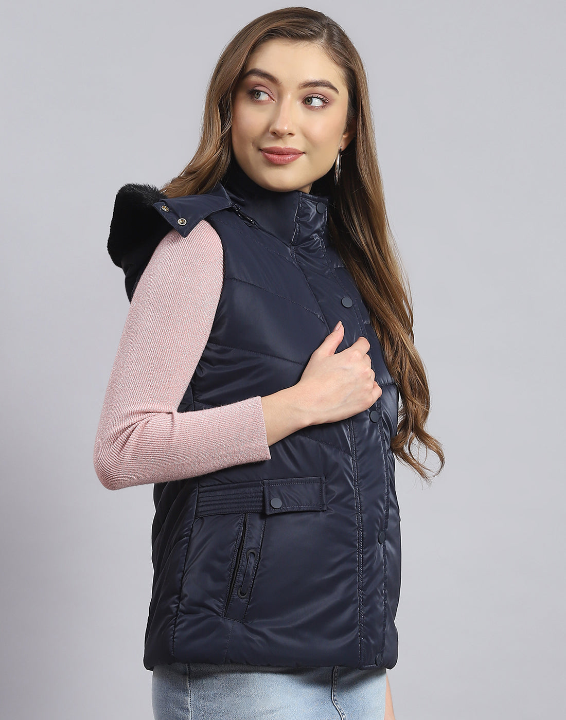 Women Navy Blue Solid Hooded Sleeveless Jacket
