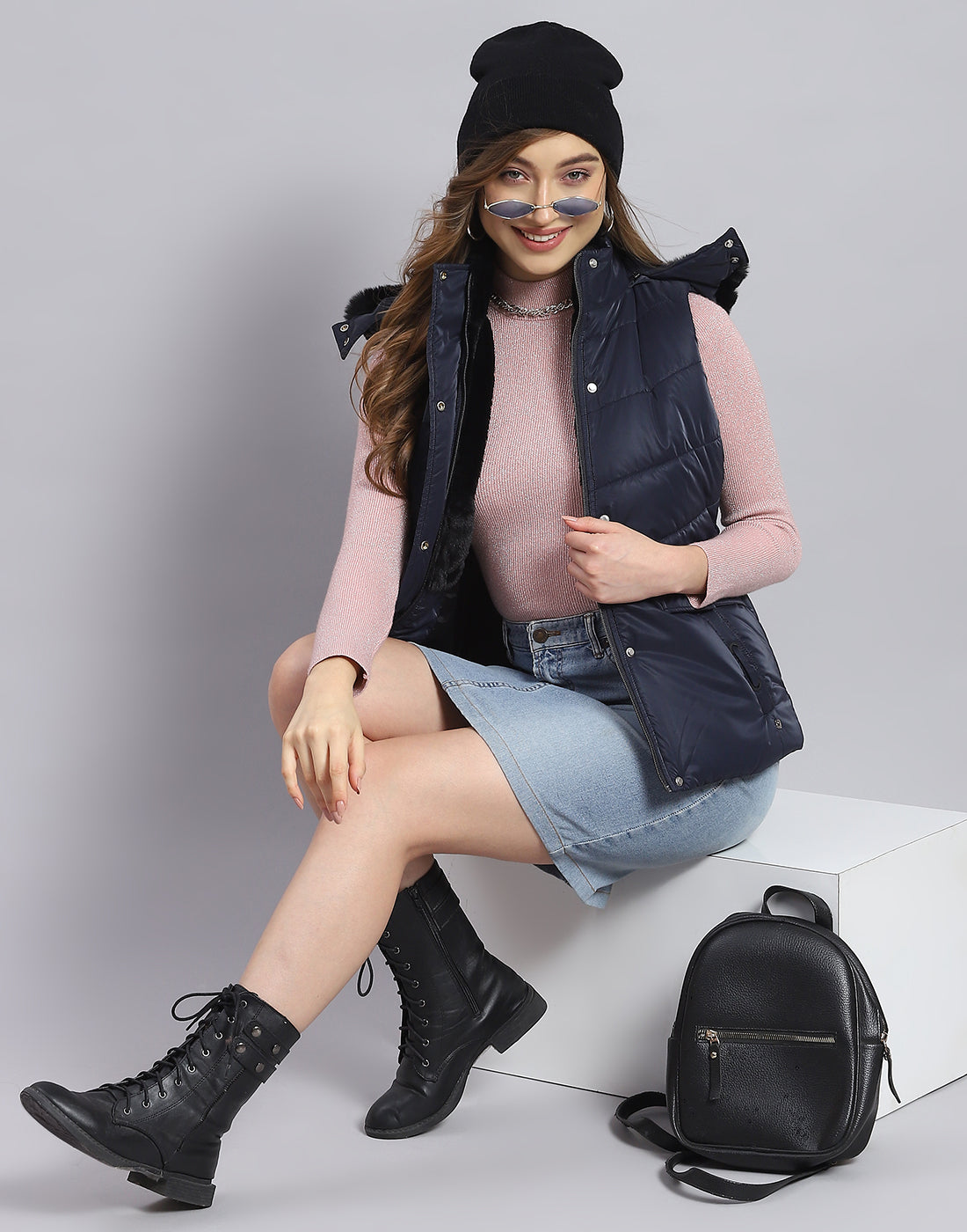 Women Navy Blue Solid Hooded Sleeveless Jacket