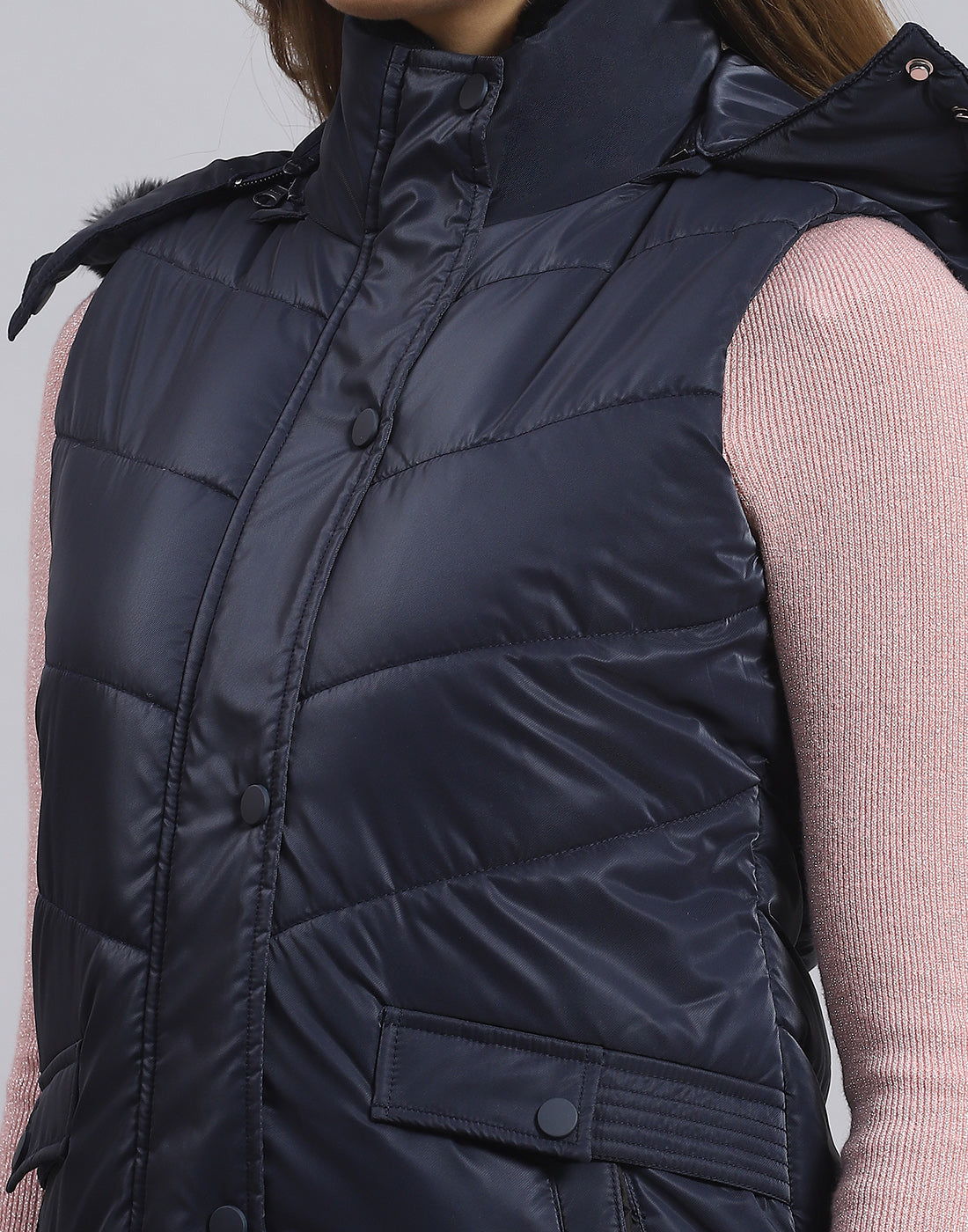 Women Navy Blue Solid Hooded Sleeveless Jacket