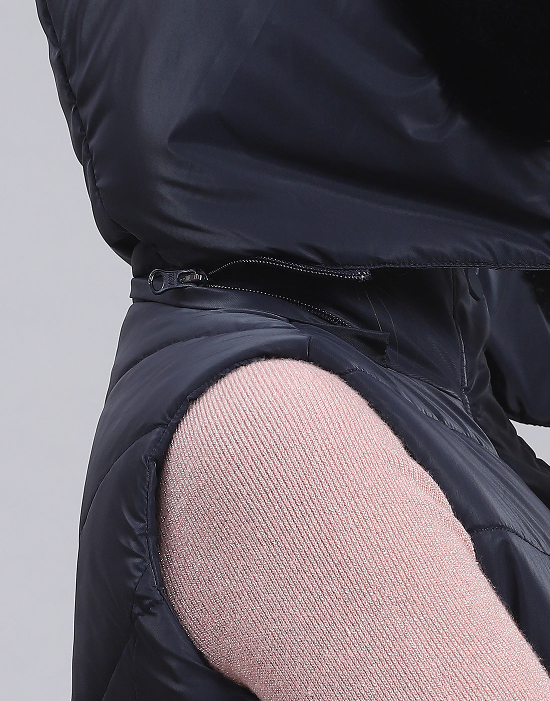 Women Navy Blue Solid Hooded Sleeveless Jacket