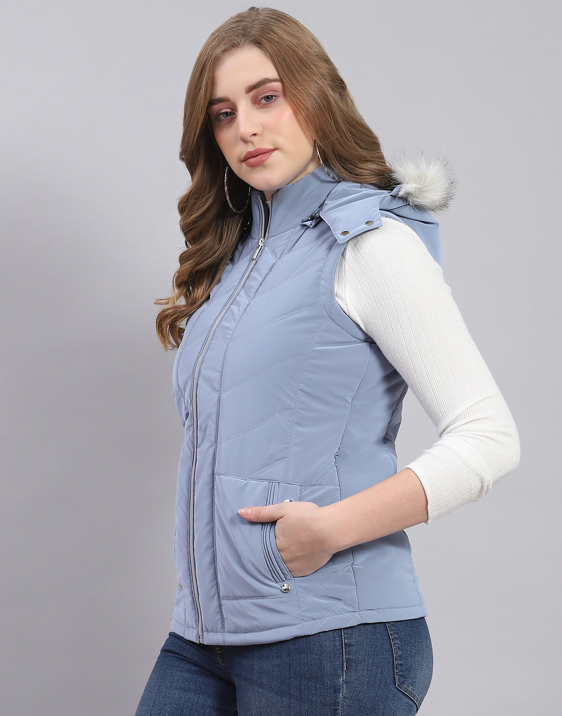 Women Blue Solid Hooded Sleeveless Jacket
