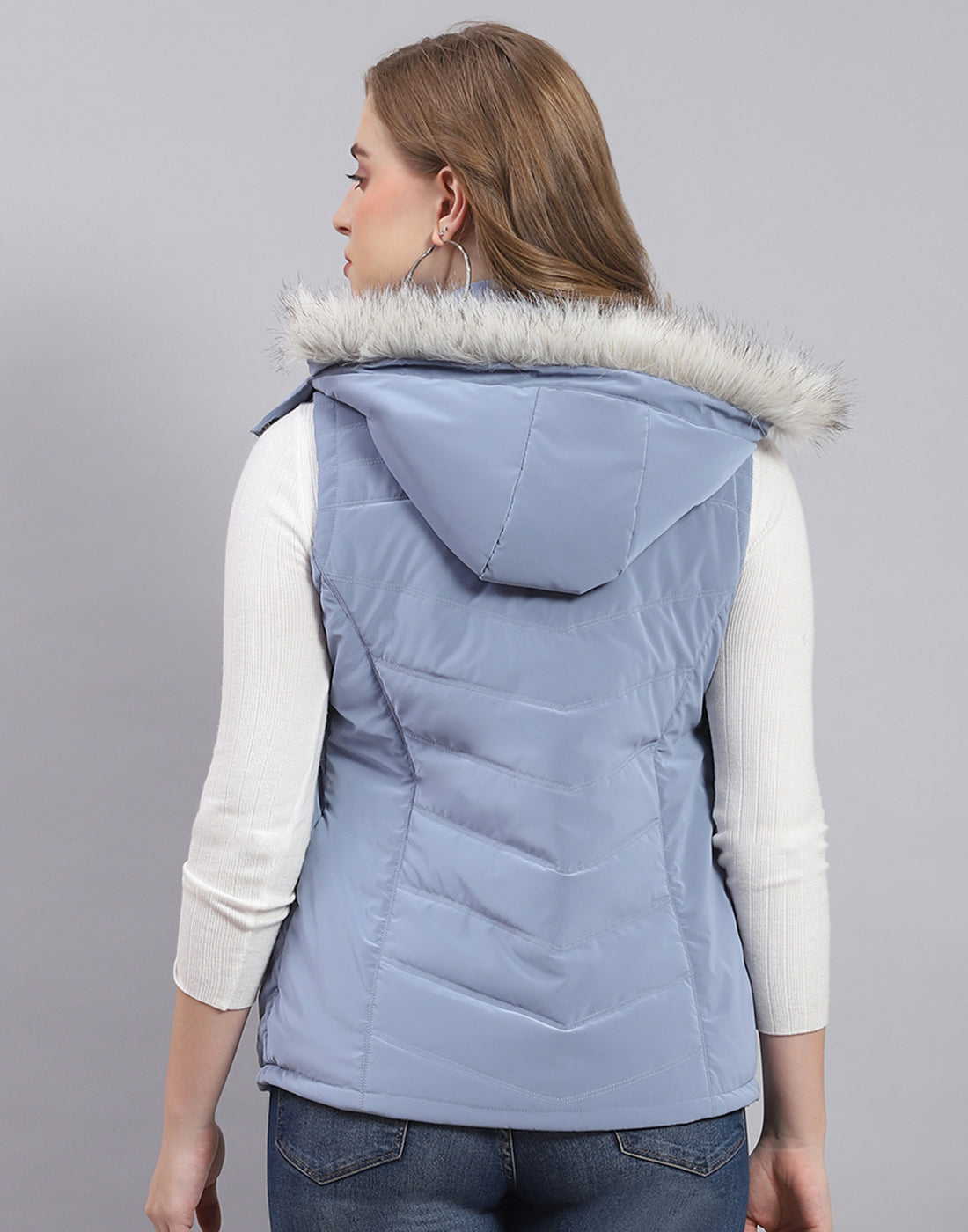 Women Blue Solid Hooded Sleeveless Jacket