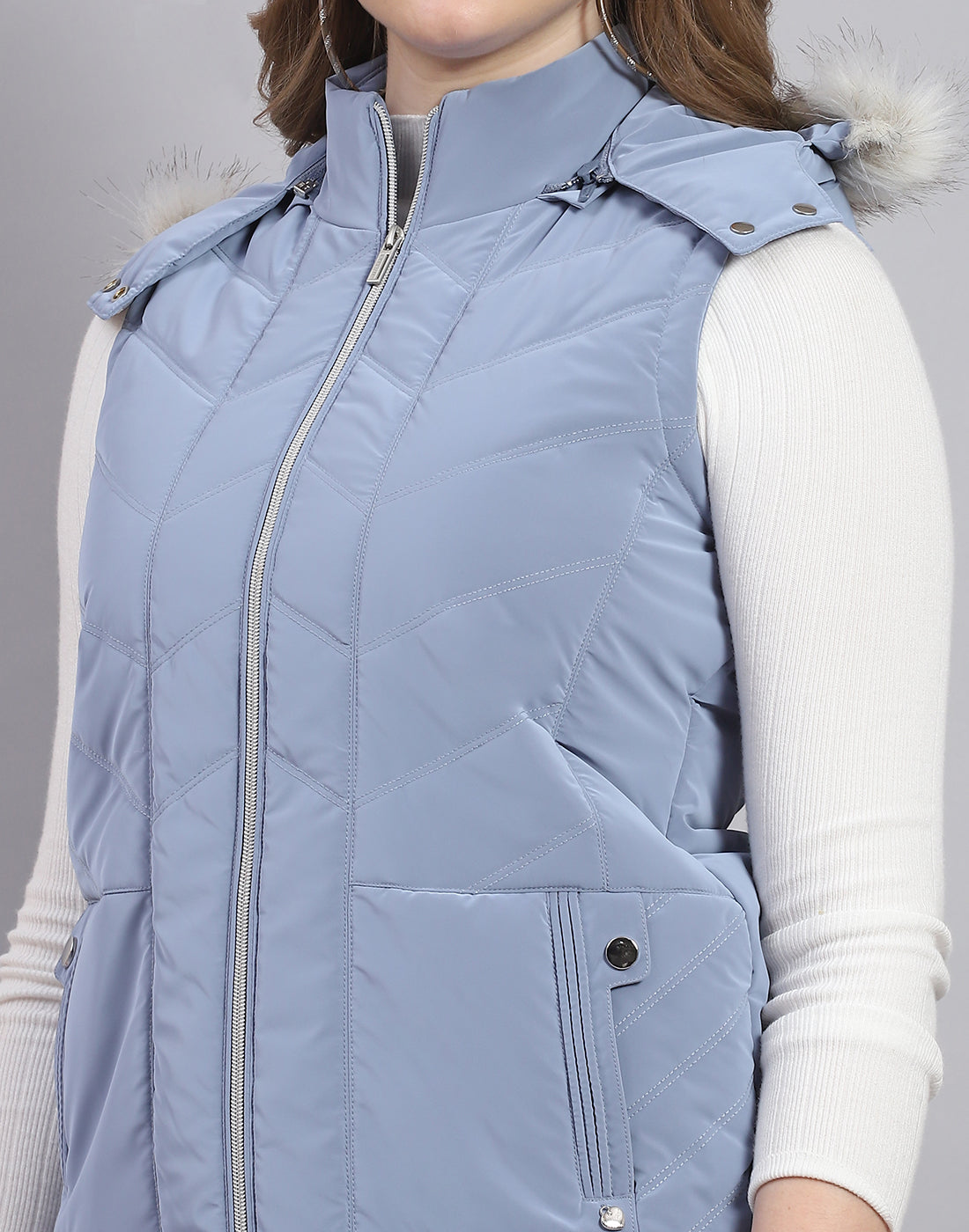 Women Blue Solid Hooded Sleeveless Jacket