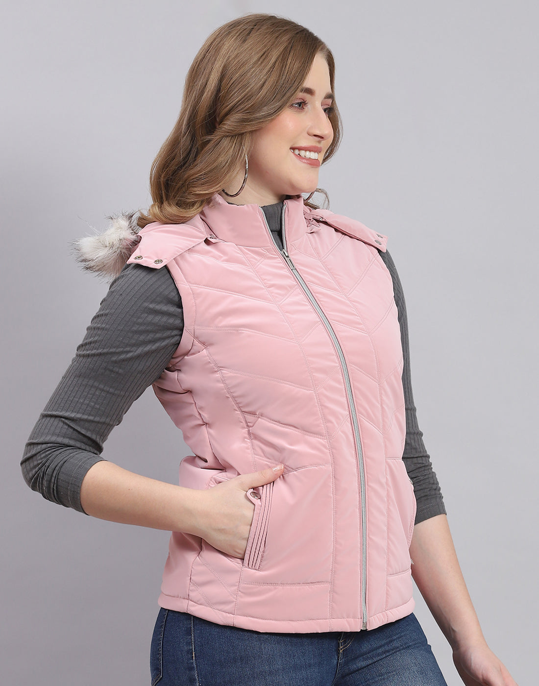 Women Pink Solid Hooded Sleeveless Jacket