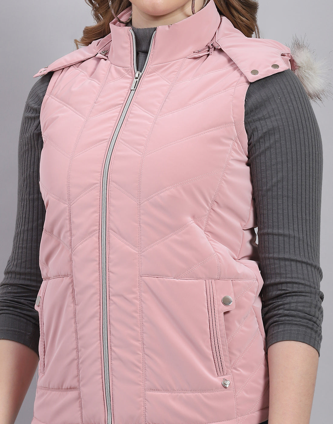 Women Pink Solid Hooded Sleeveless Jacket
