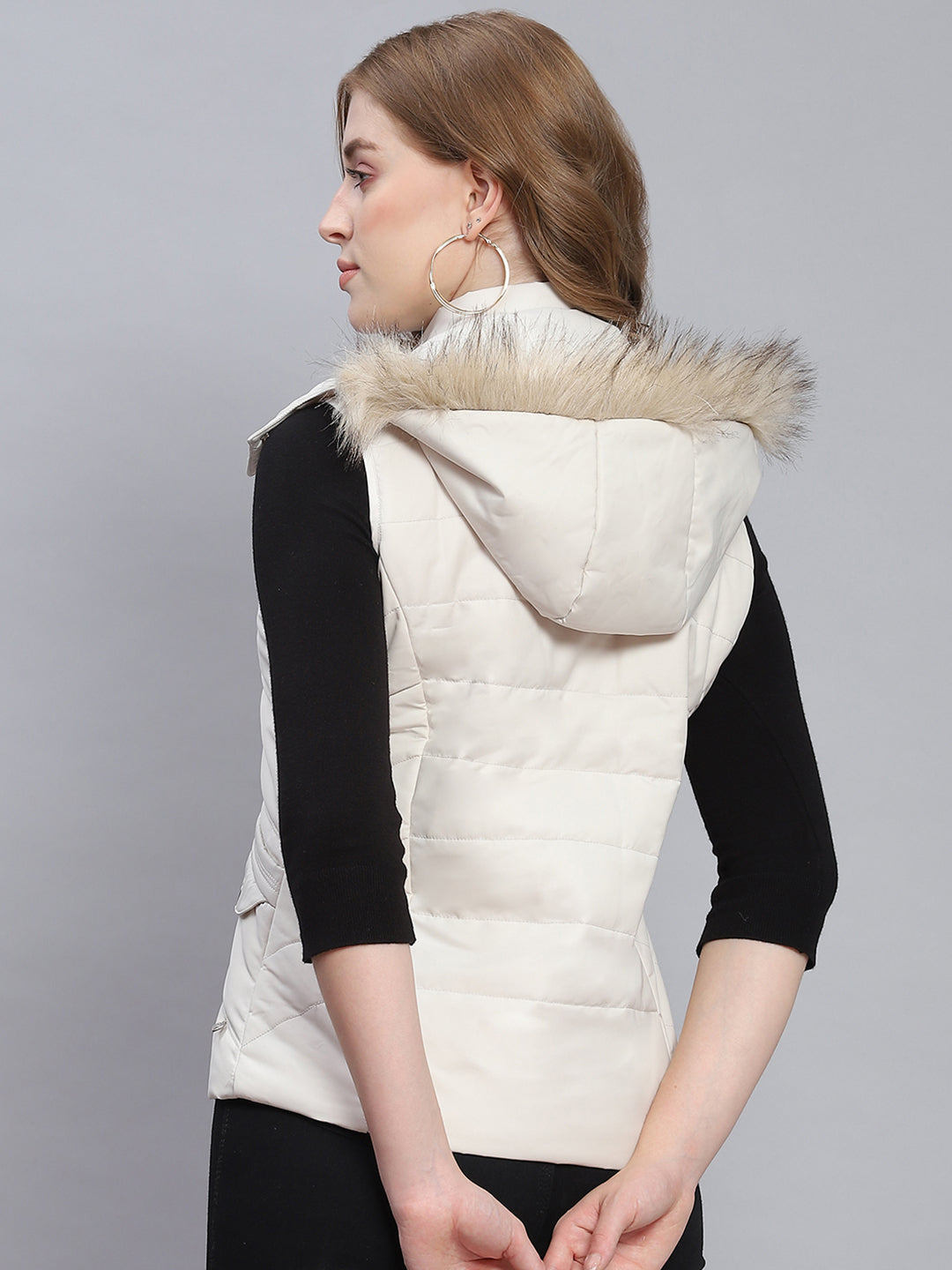 Women Off White Solid Hooded Sleeveless Jackets