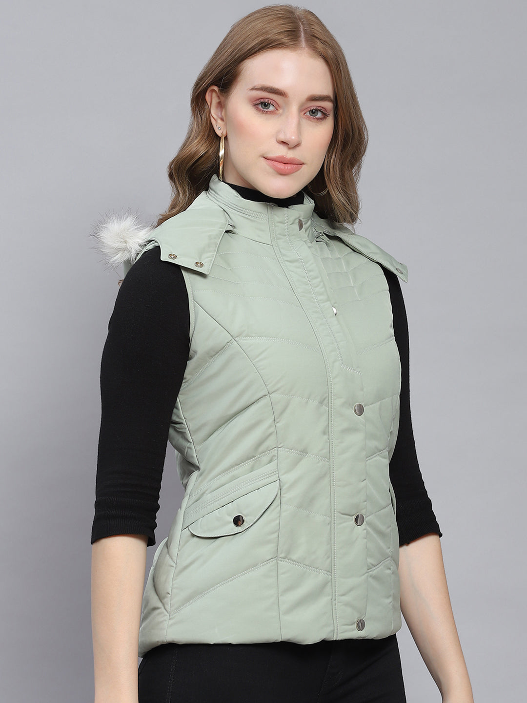 Women Green Solid Hooded Sleeveless Jackets
