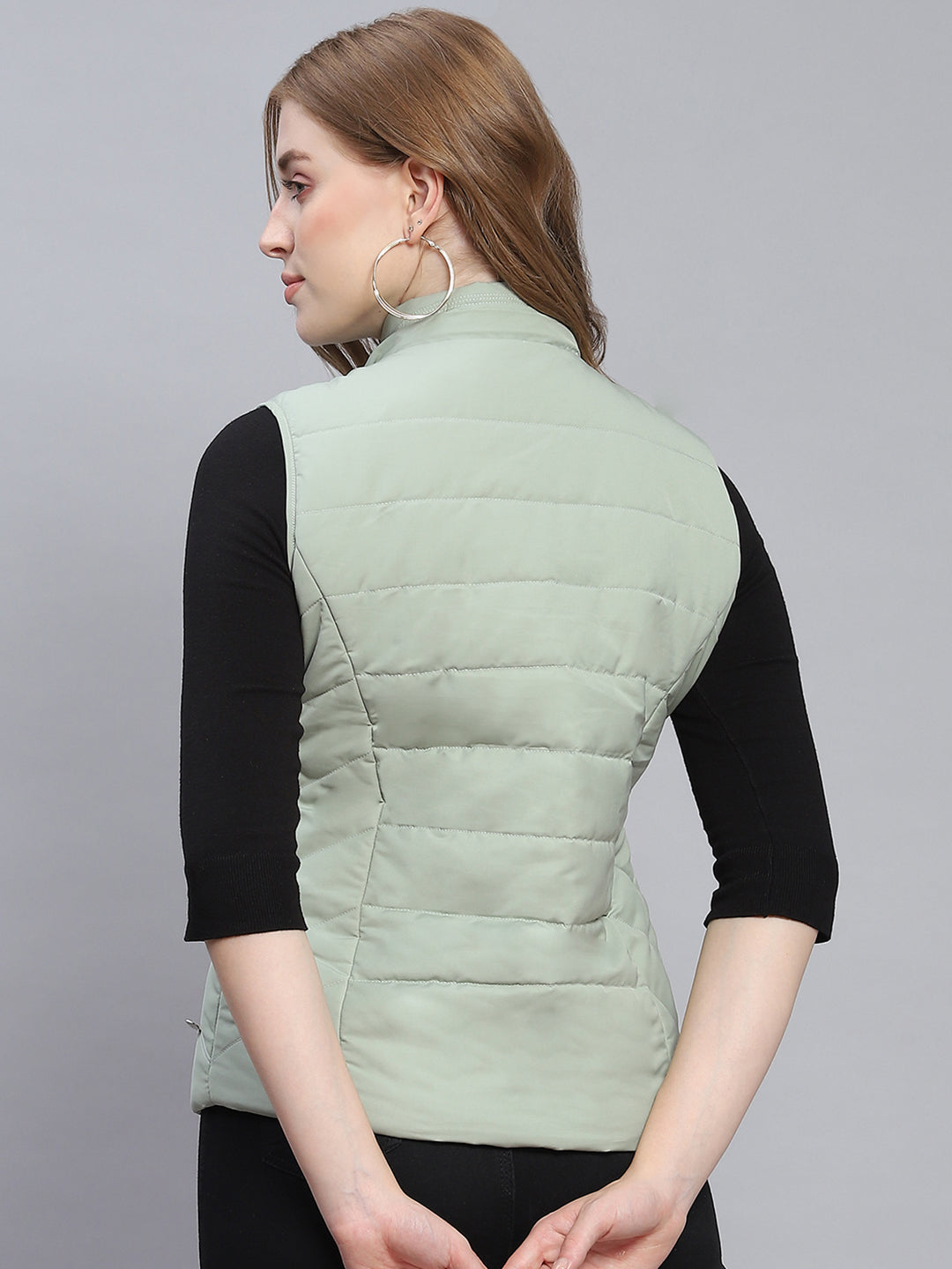 Women Green Solid Hooded Sleeveless Jackets