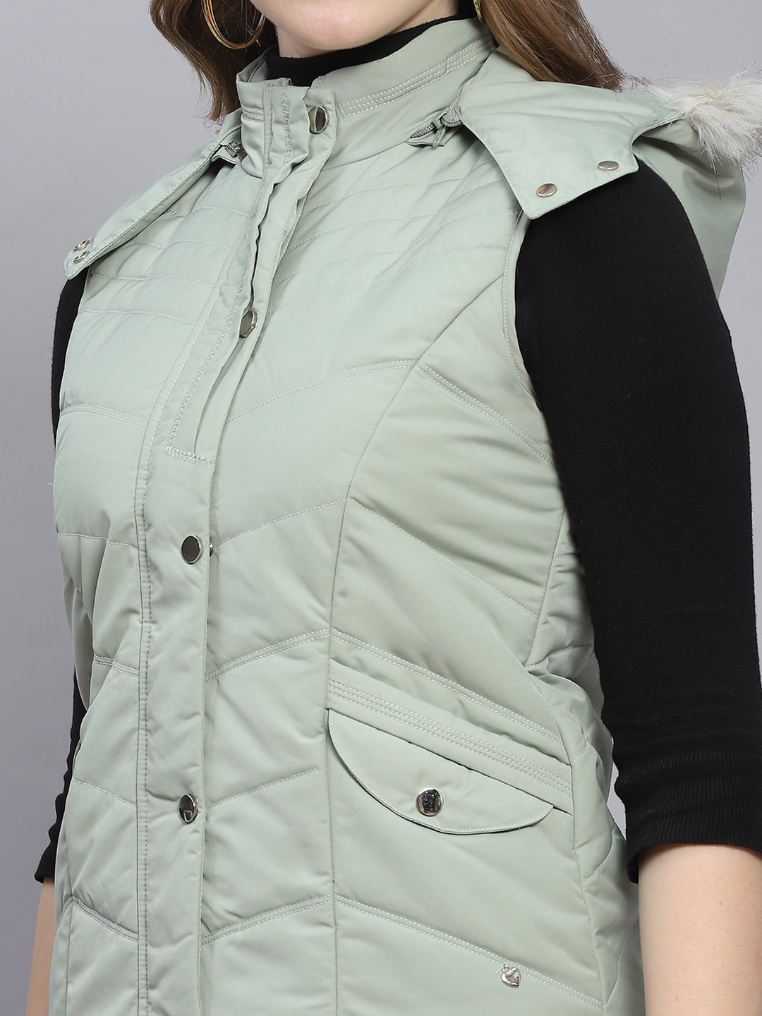 Women Green Solid Hooded Sleeveless Jackets