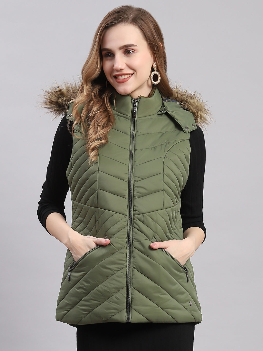 Buy Women Olive Solid Hooded Sleeveless Jackets Online in India