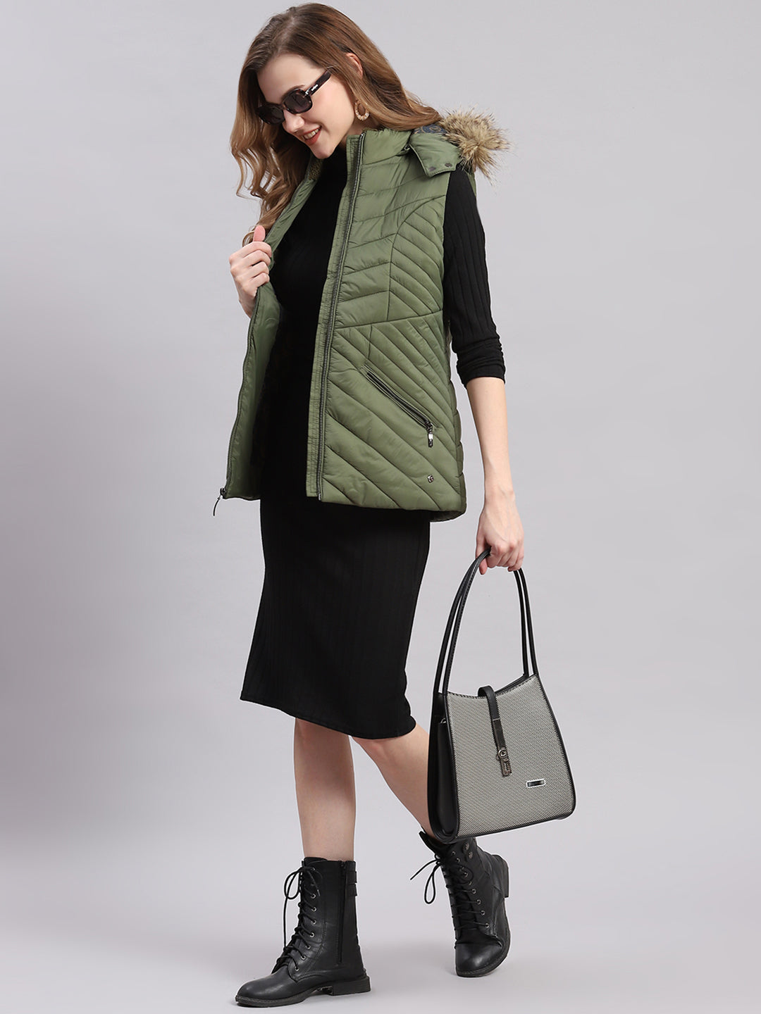 Women Olive Solid Hooded Sleeveless Jackets