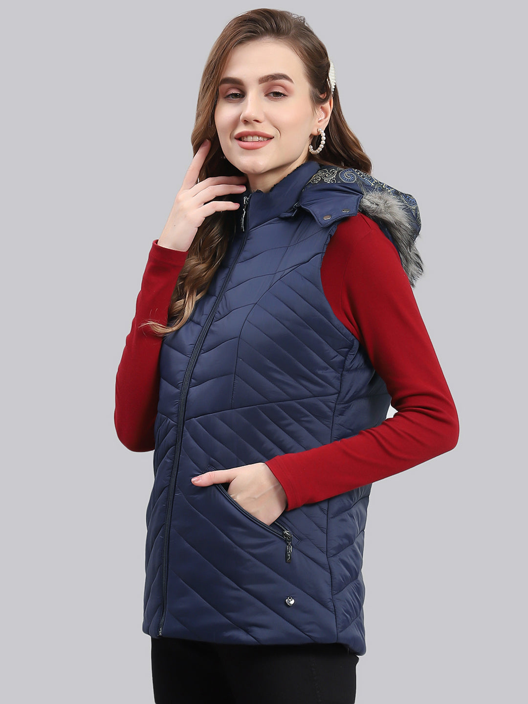 Women Navy Blue Solid Hooded Sleeveless Jackets