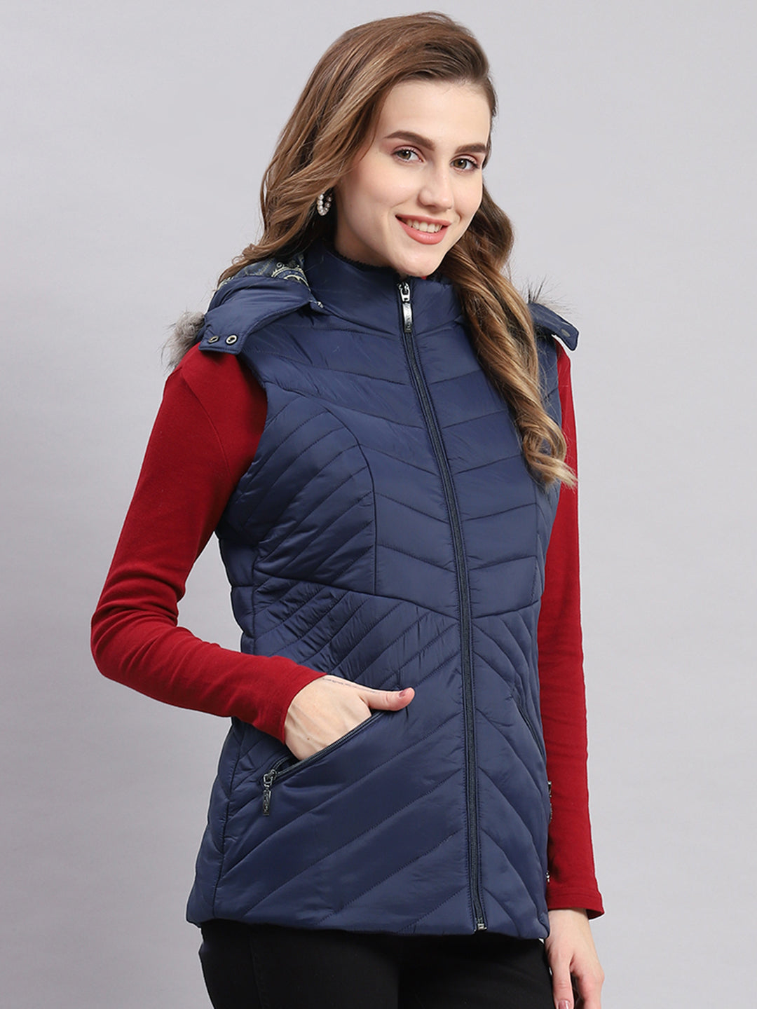 Women Navy Blue Solid Hooded Sleeveless Jackets