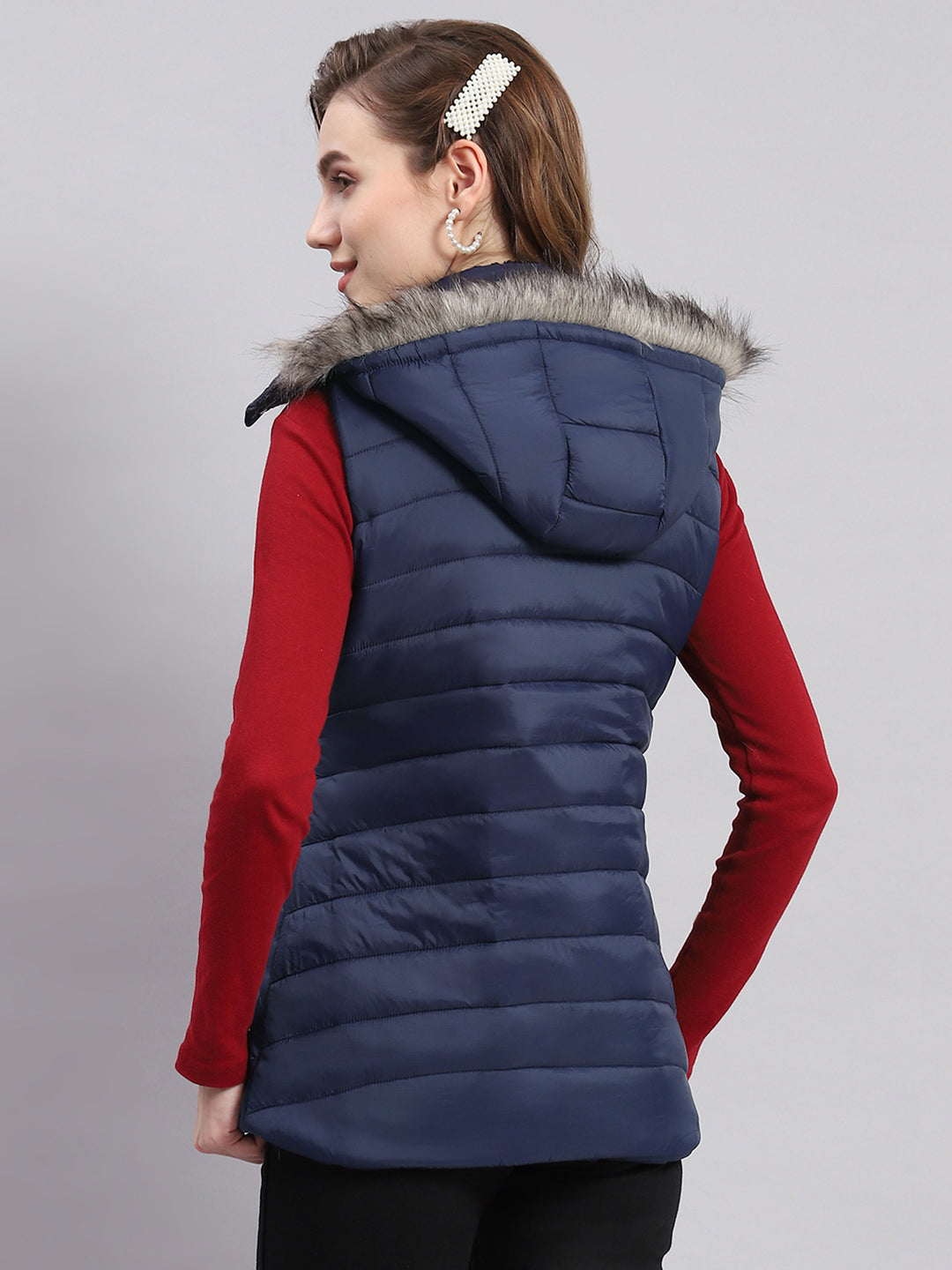 Women Navy Blue Solid Hooded Sleeveless Jackets