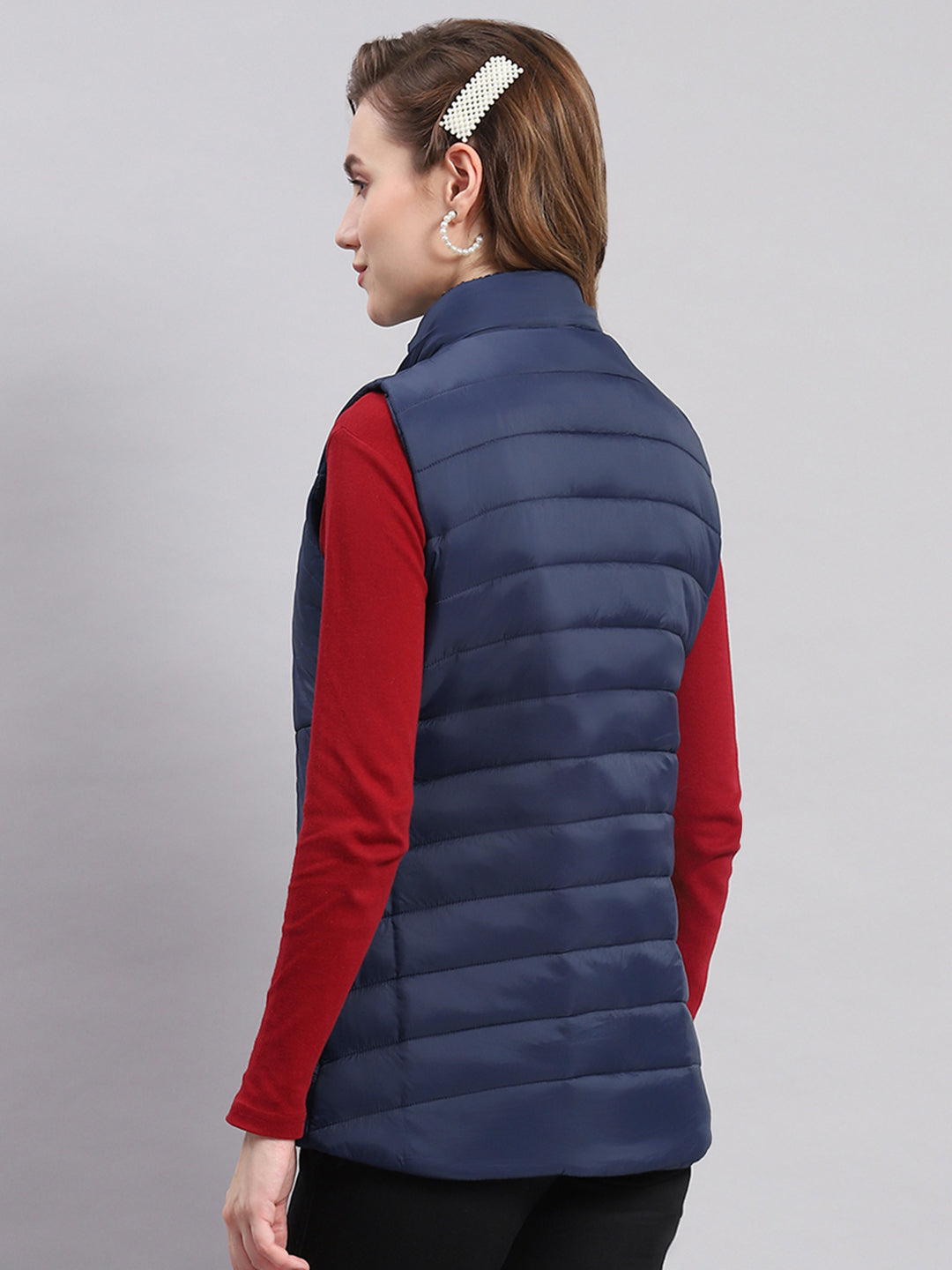 Women Navy Blue Solid Hooded Sleeveless Jackets