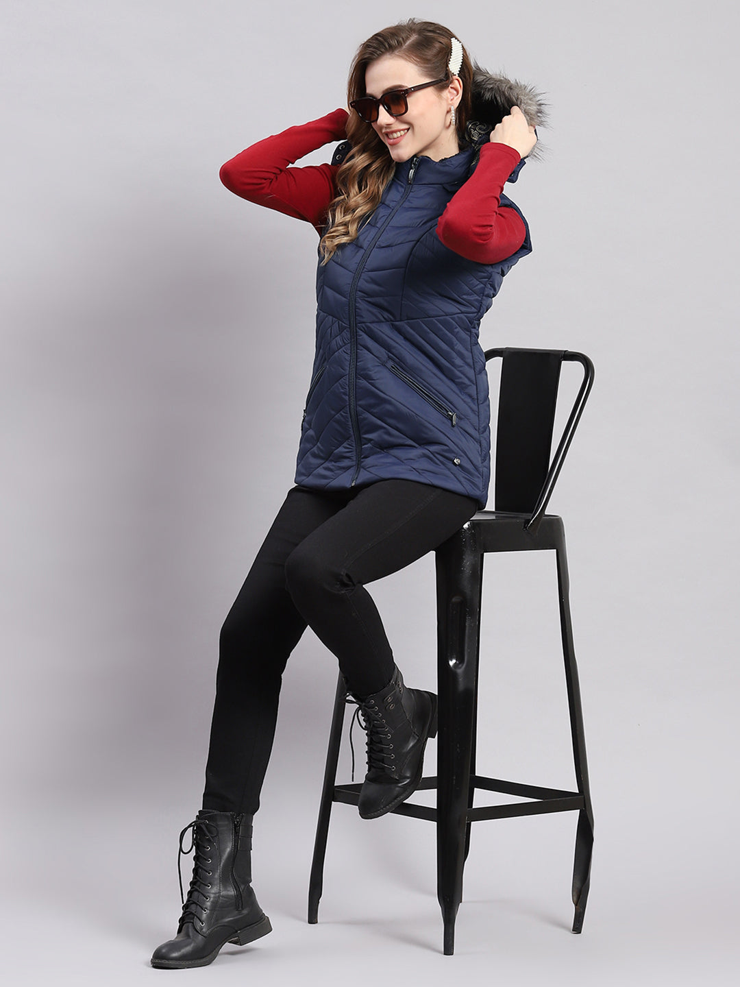 Women Navy Blue Solid Hooded Sleeveless Jackets