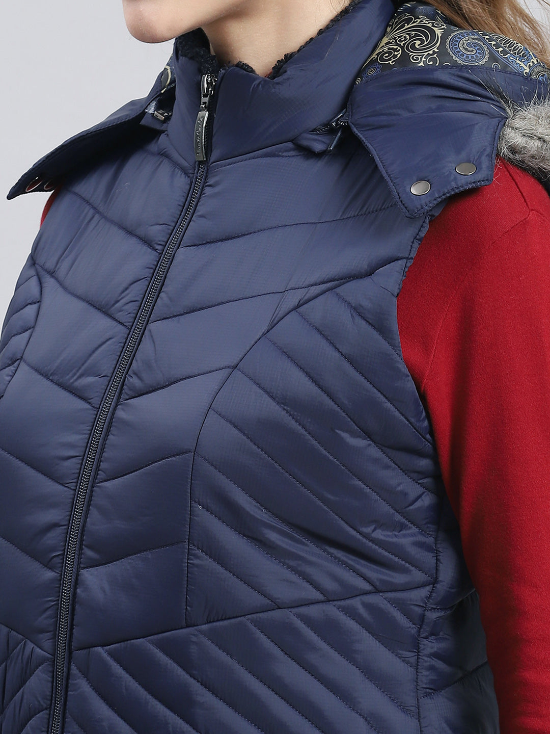 Women Navy Blue Solid Hooded Sleeveless Jackets