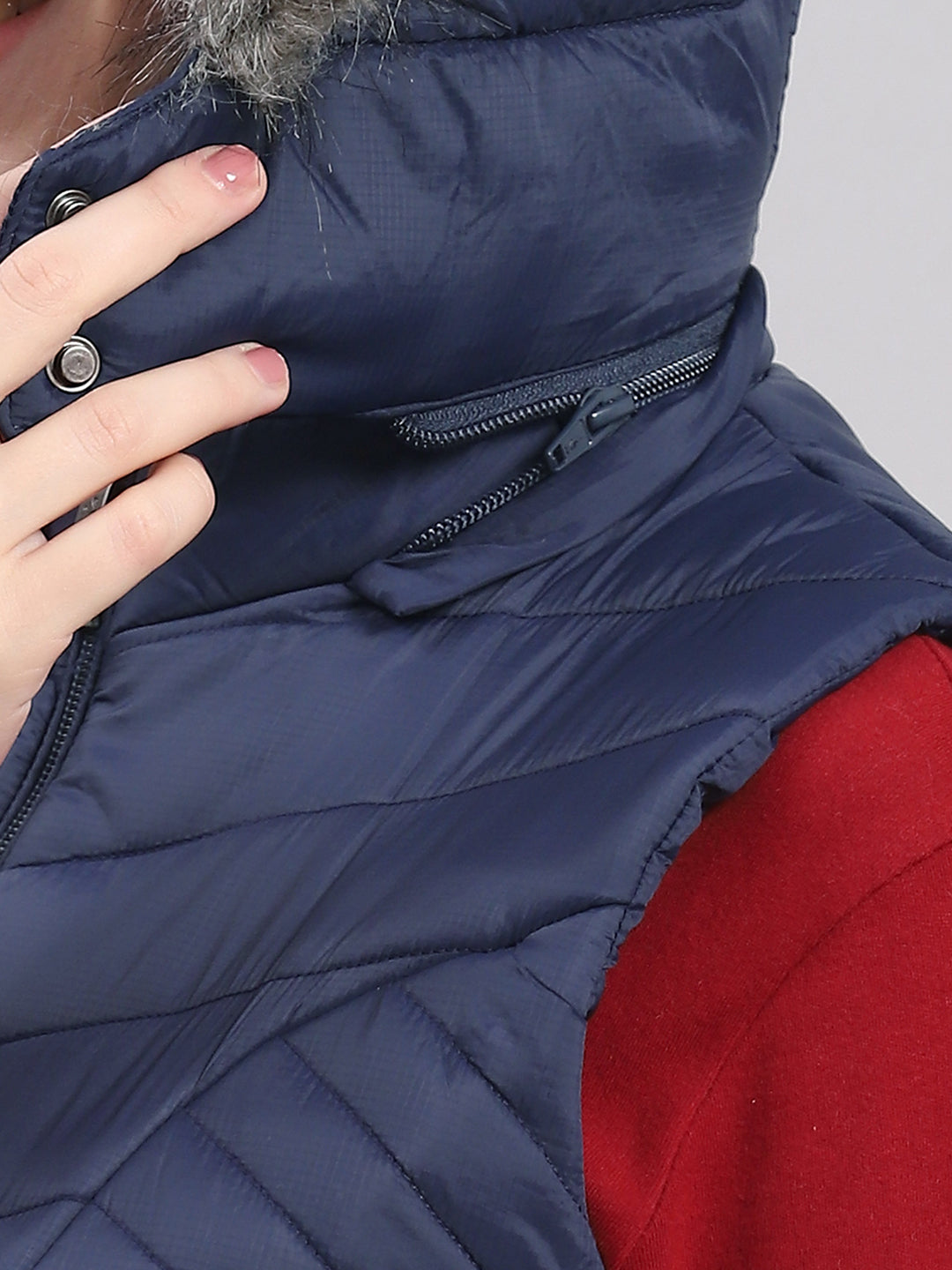 Women Navy Blue Solid Hooded Sleeveless Jackets