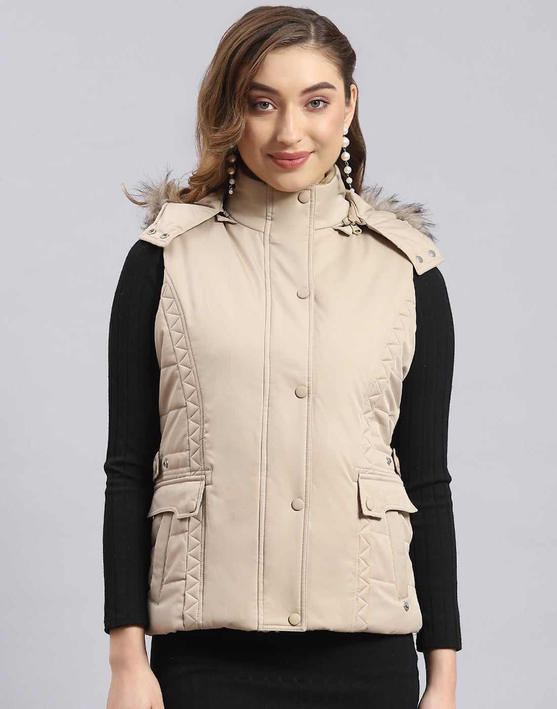 Women Beige Solid Hooded Sleeveless Jacket