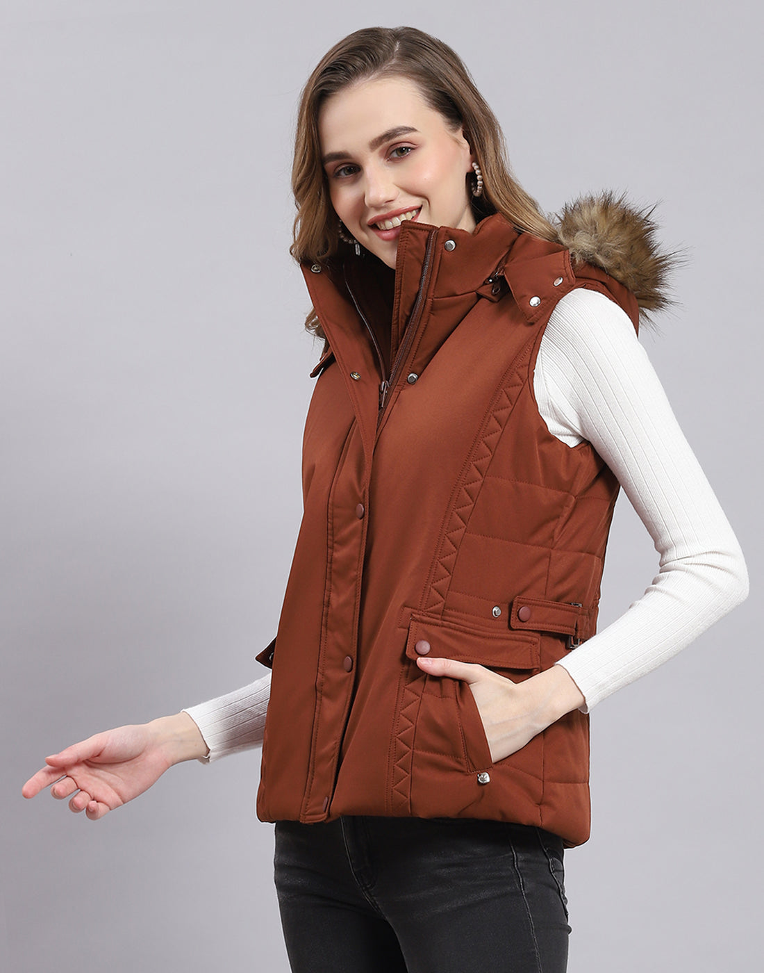 Women Rust Solid Hooded Sleeveless Jacket