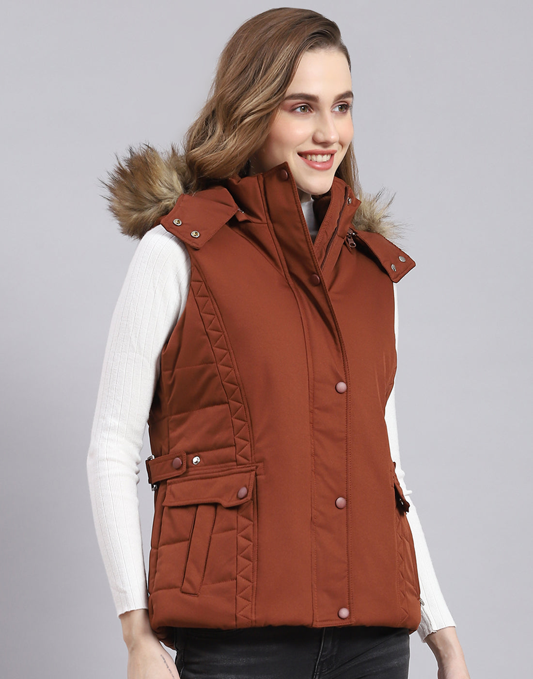 Women Rust Solid Hooded Sleeveless Jacket