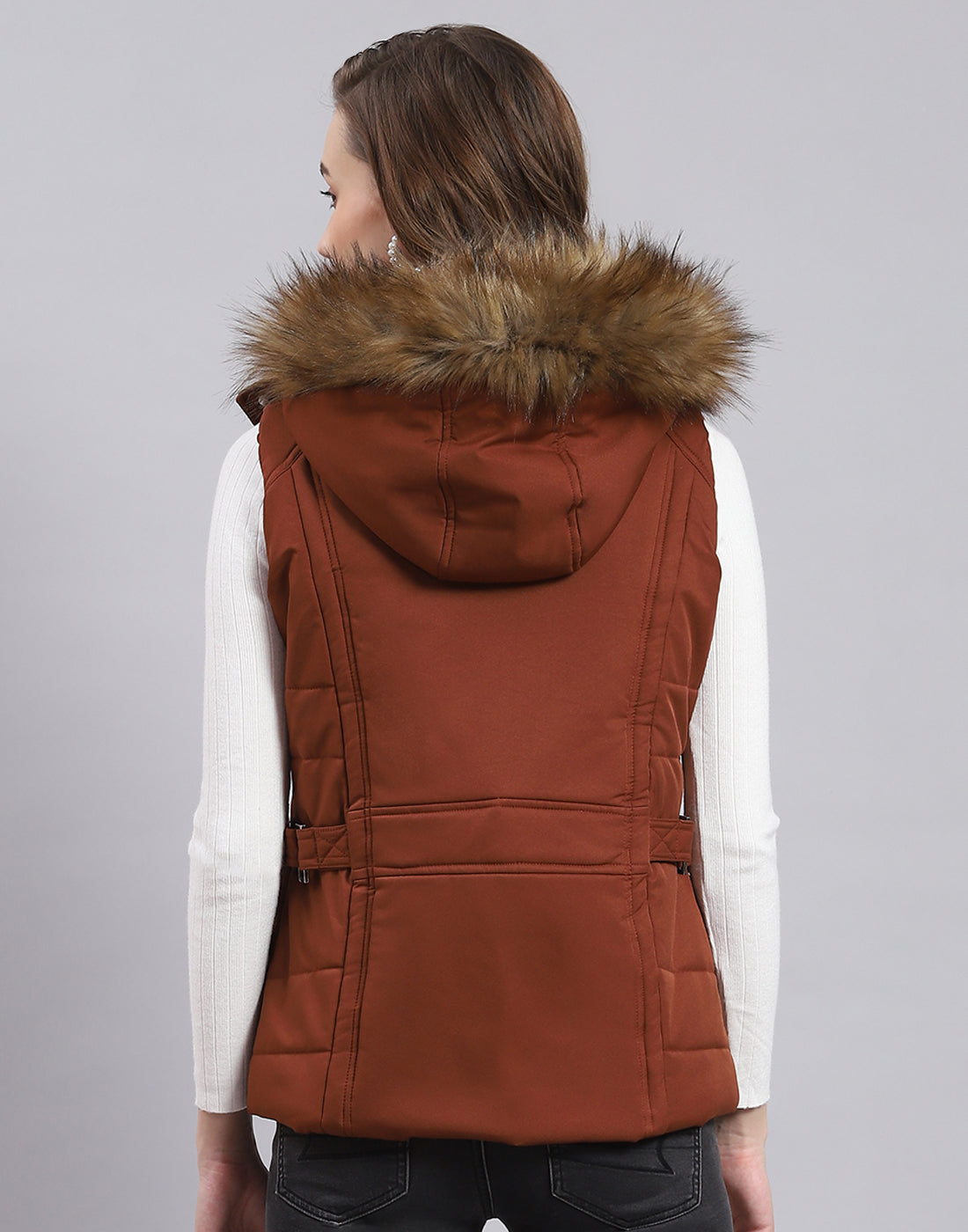 Women Rust Solid Hooded Sleeveless Jacket