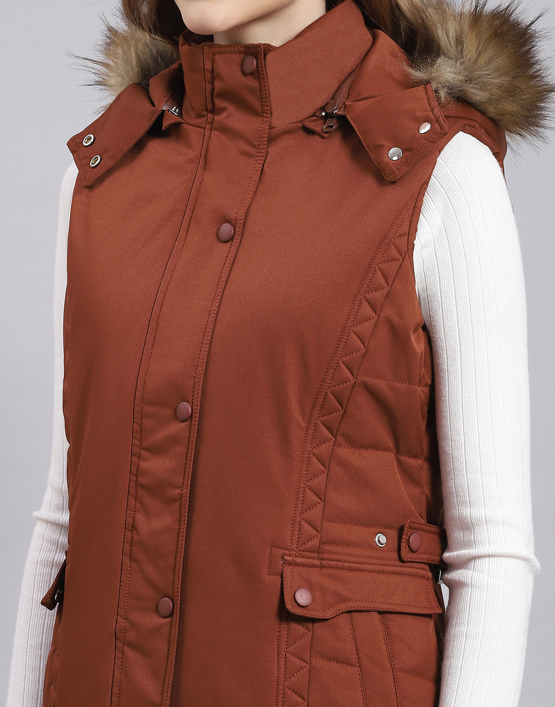 Women Rust Solid Hooded Sleeveless Jacket