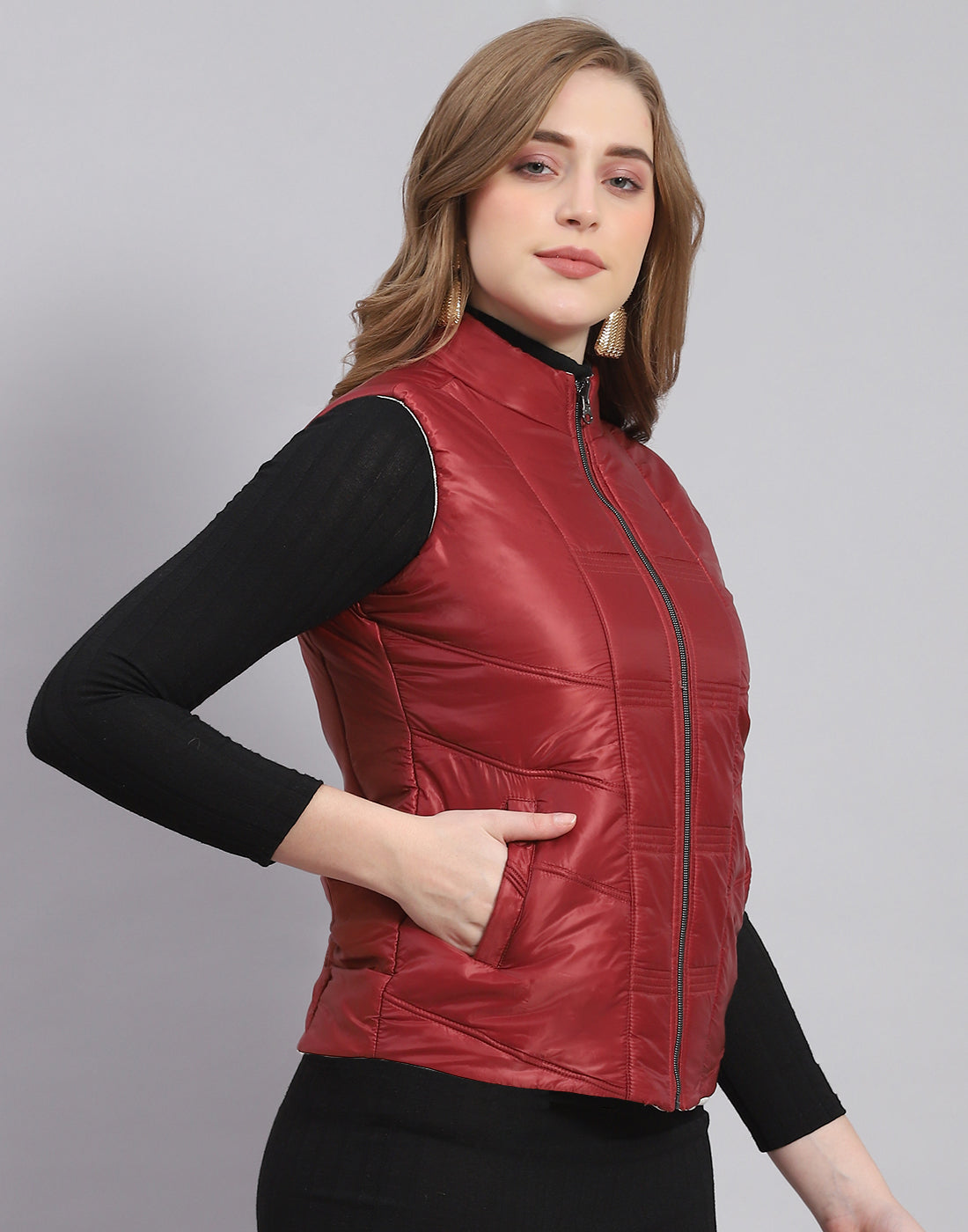 Women Maroon Solid Stand Collar Sleeveless Jacket