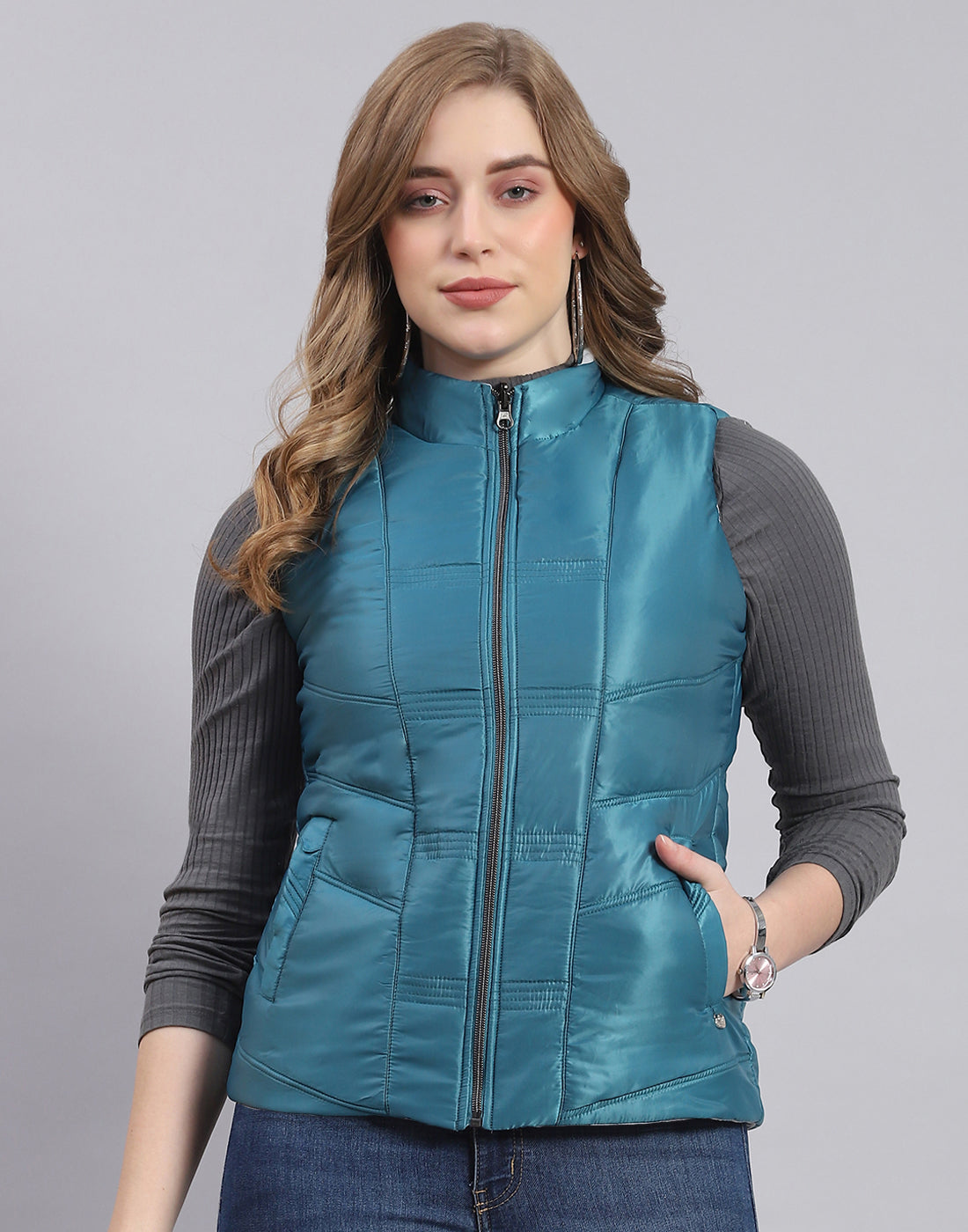 Women Teal Blue Solid Stand Collar Sleeveless Jacket