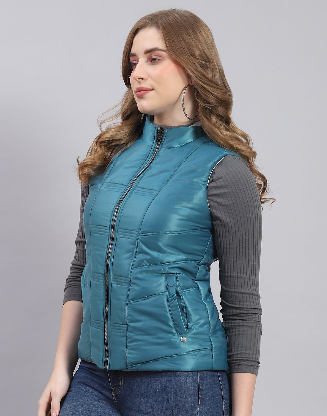 Women Teal Blue Solid Stand Collar Sleeveless Jacket