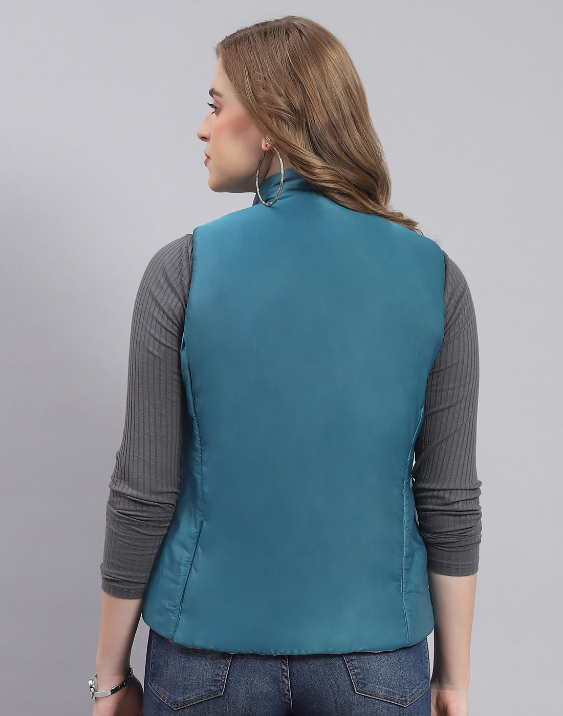 Women Teal Blue Solid Stand Collar Sleeveless Jacket