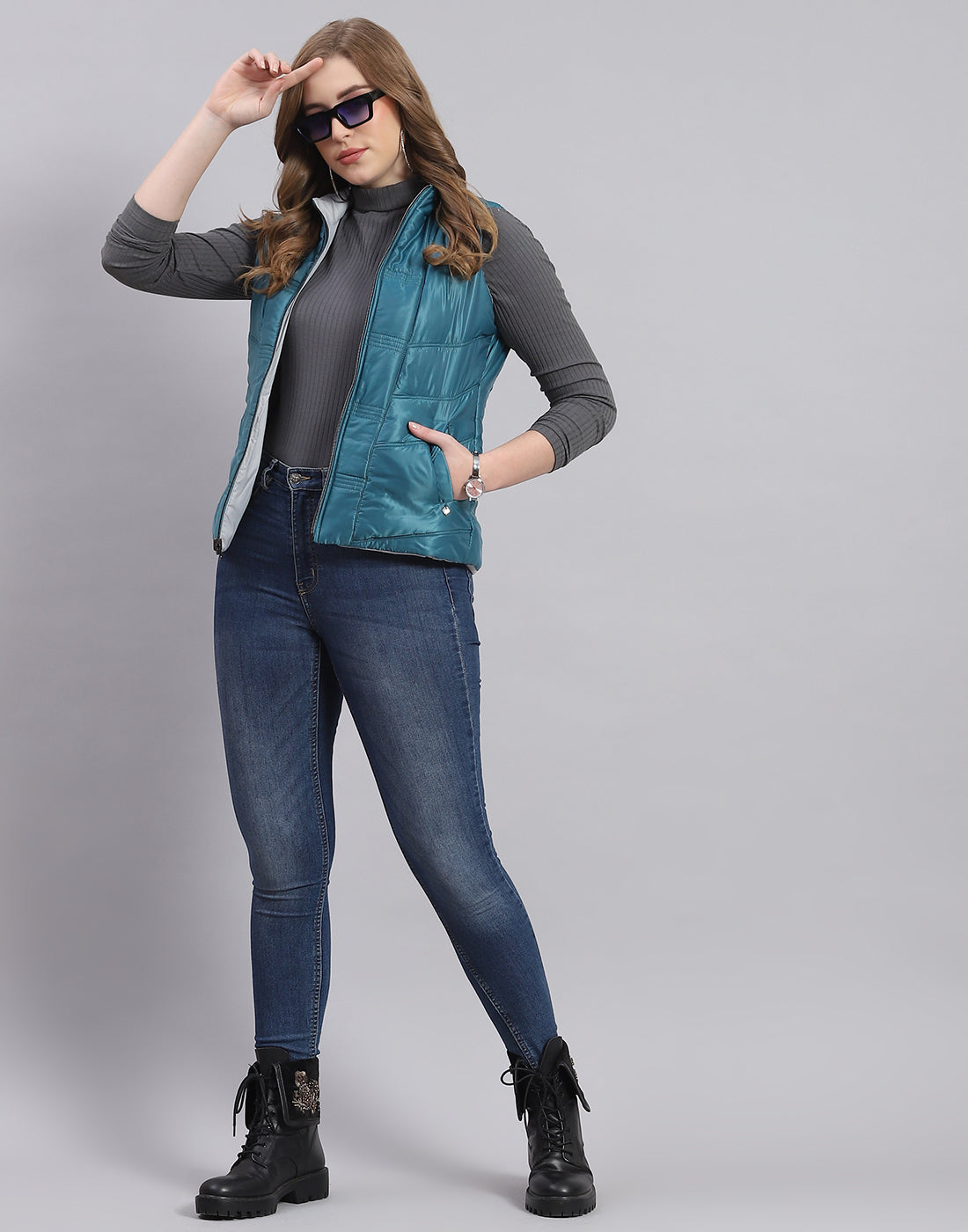 Women Teal Blue Solid Stand Collar Sleeveless Jacket