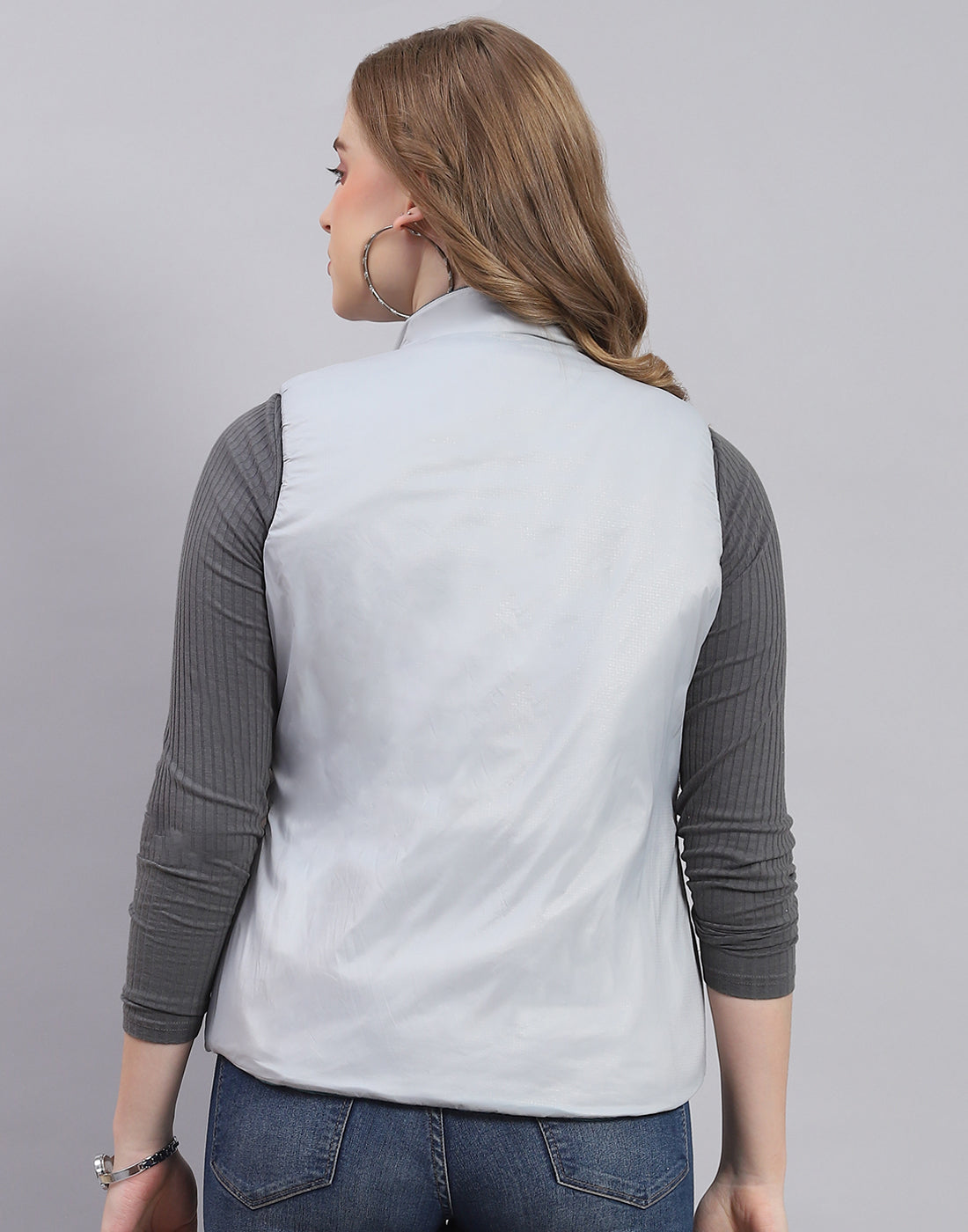 Women Teal Blue Solid Stand Collar Sleeveless Jacket