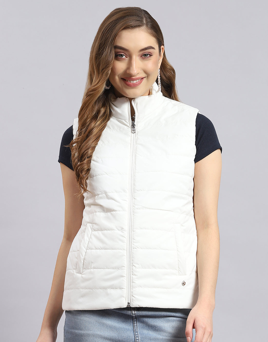 Women Off White Printed Stand Collar Sleeveless Jacket