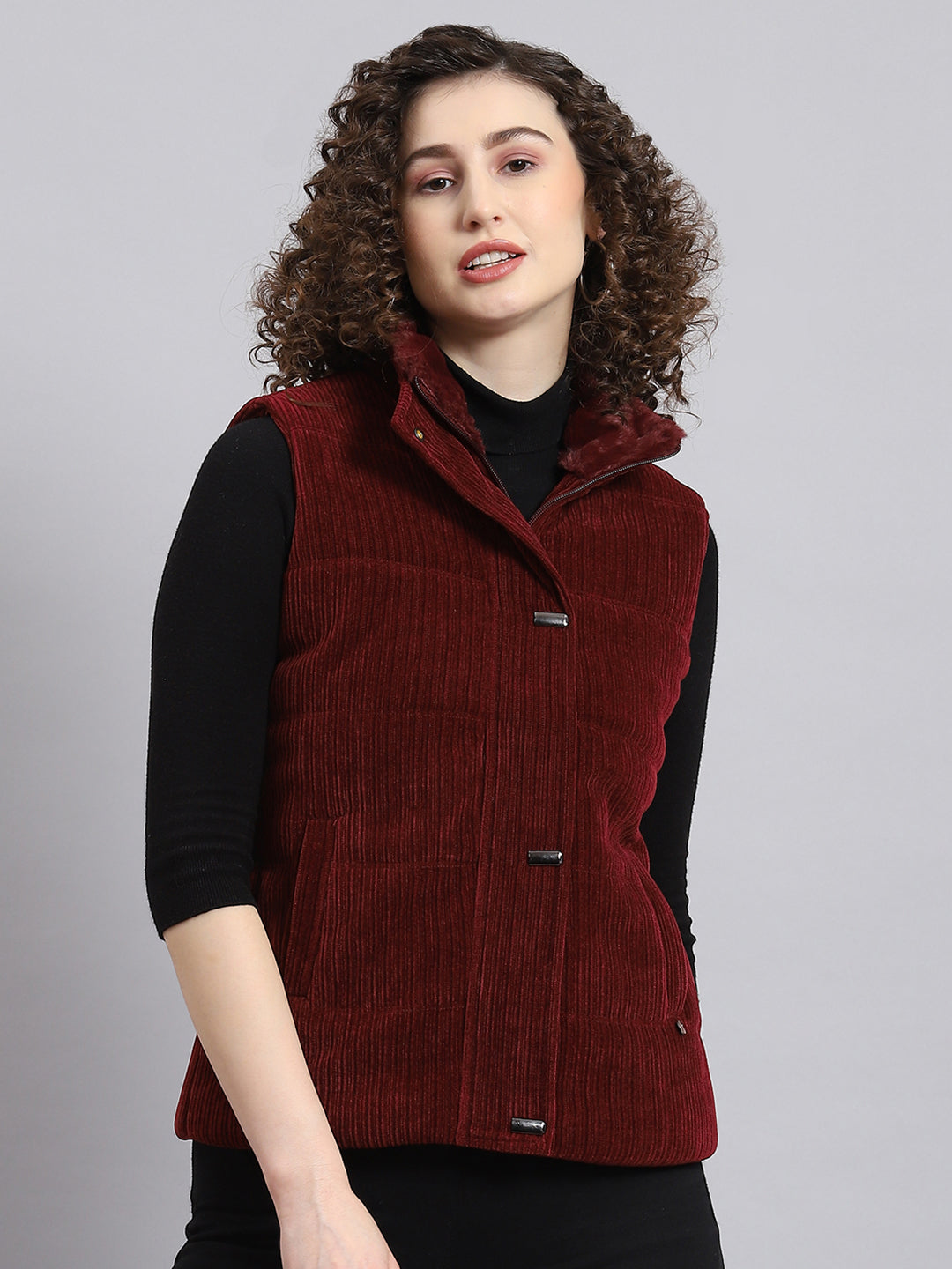 Women Maroon Solid Stand Collar Sleeveless Jacket