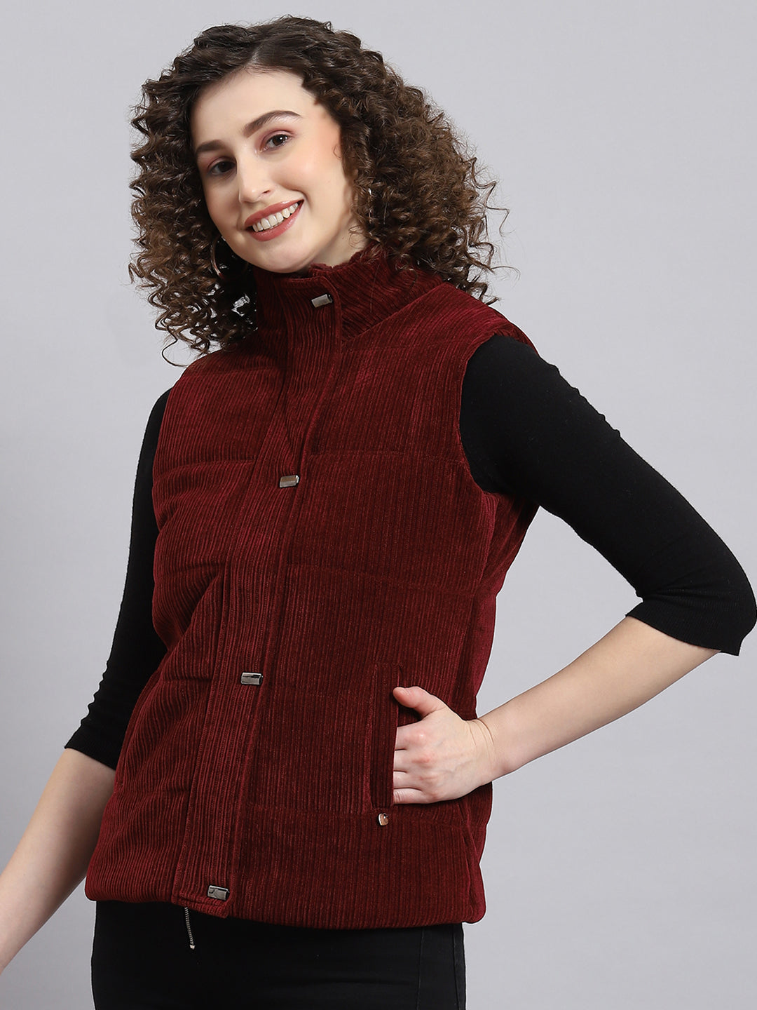 Women Maroon Solid Stand Collar Sleeveless Jacket